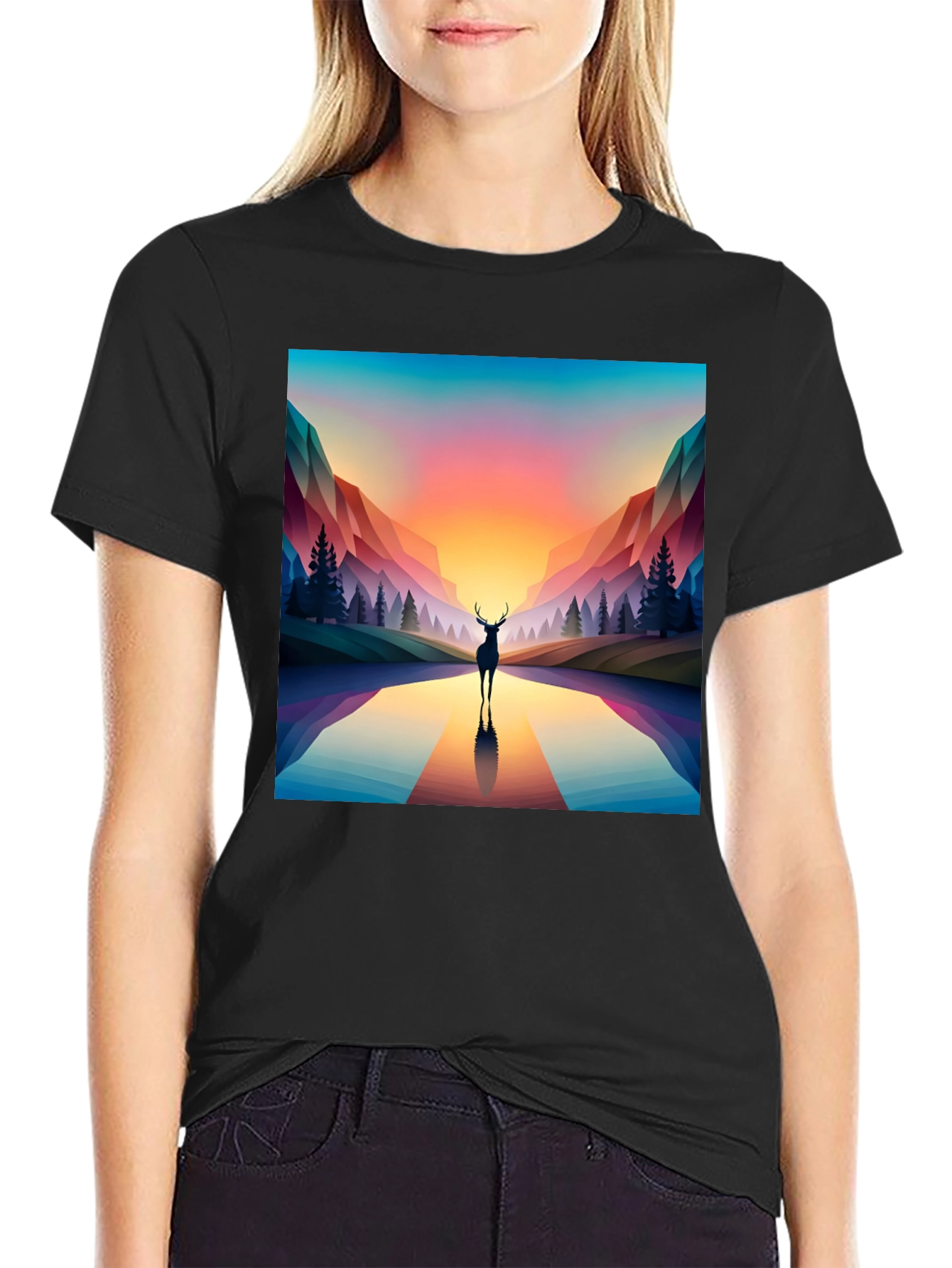 Deer Silhouette Geometric Graphic Tee - Black