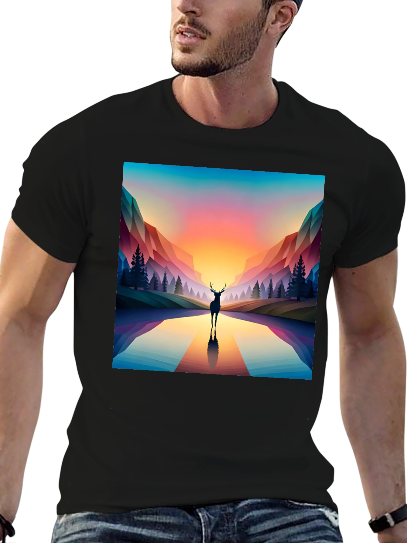 Deer Silhouette Geometric Graphic Tee - Black