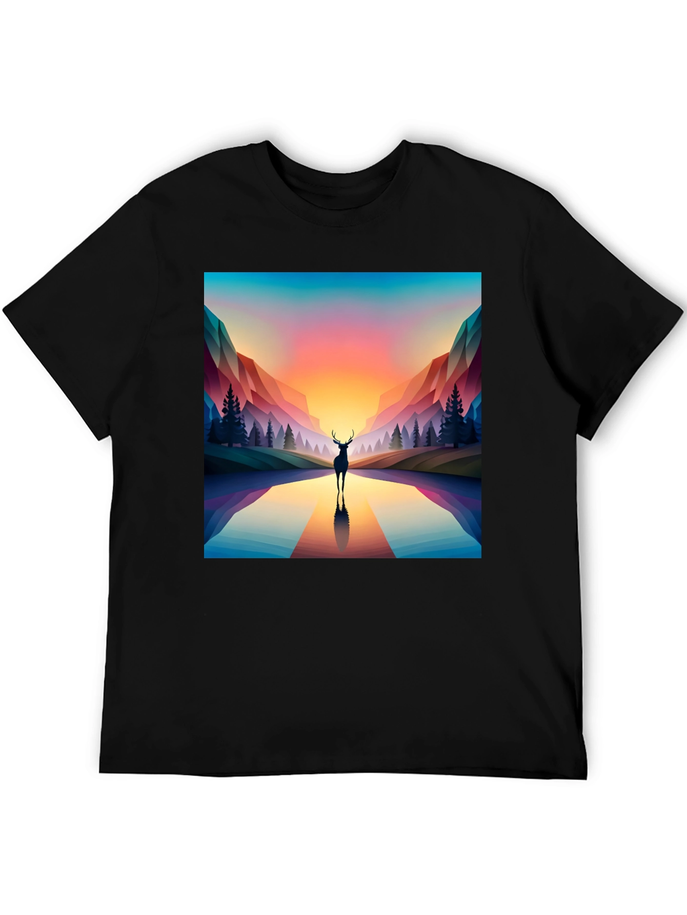 Deer Silhouette Geometric Graphic Tee - Black