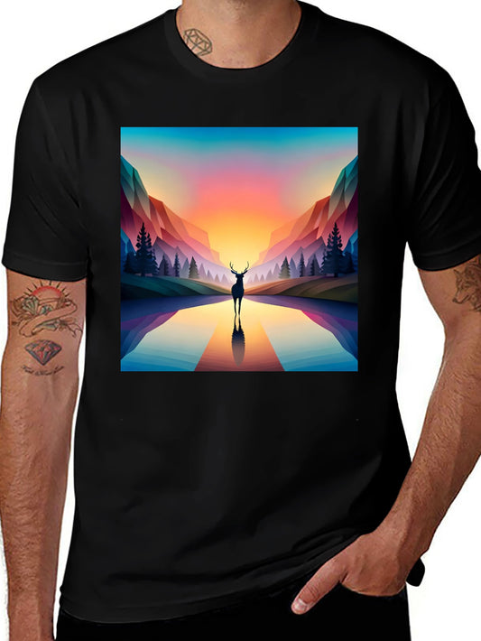 Deer Silhouette Geometric Graphic Tee - Black
