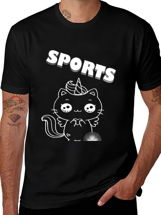 Black T-Shirt with Cute Cat Unicorn Print