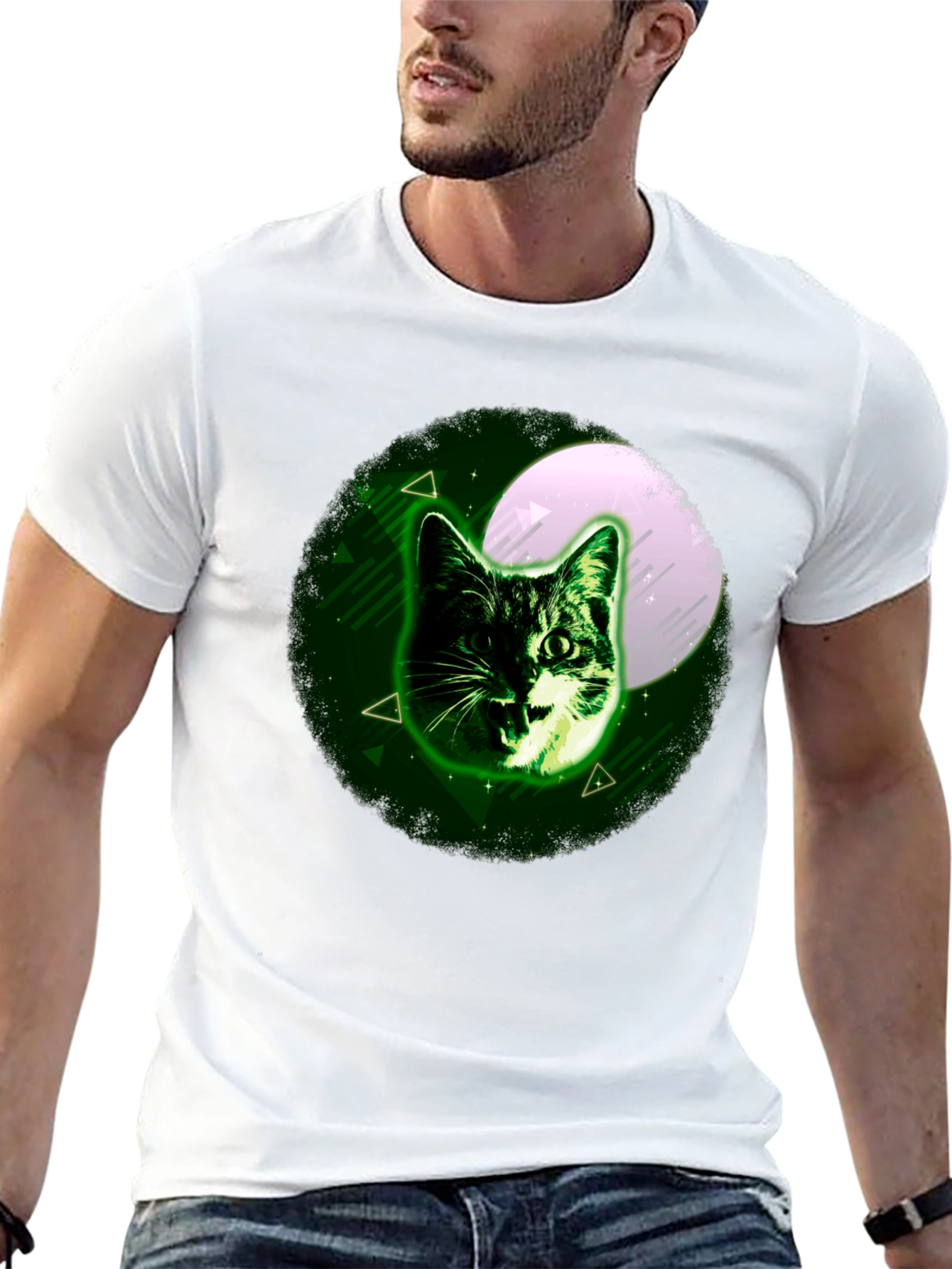 Cat Moon Graphic Tee - Stylish Mens Black T-Shirt