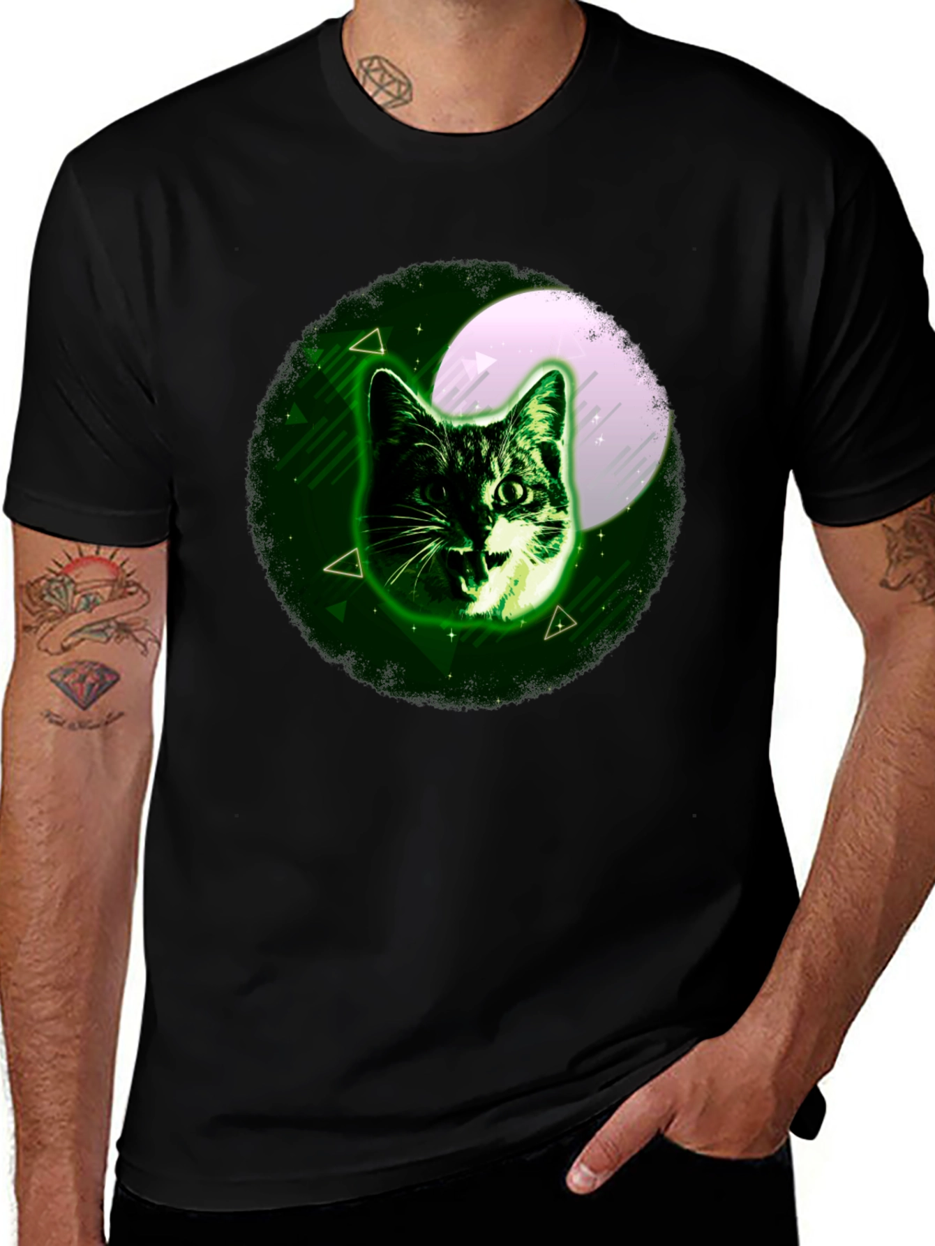 Cat Moon Graphic Tee - Stylish Mens Black T-Shirt