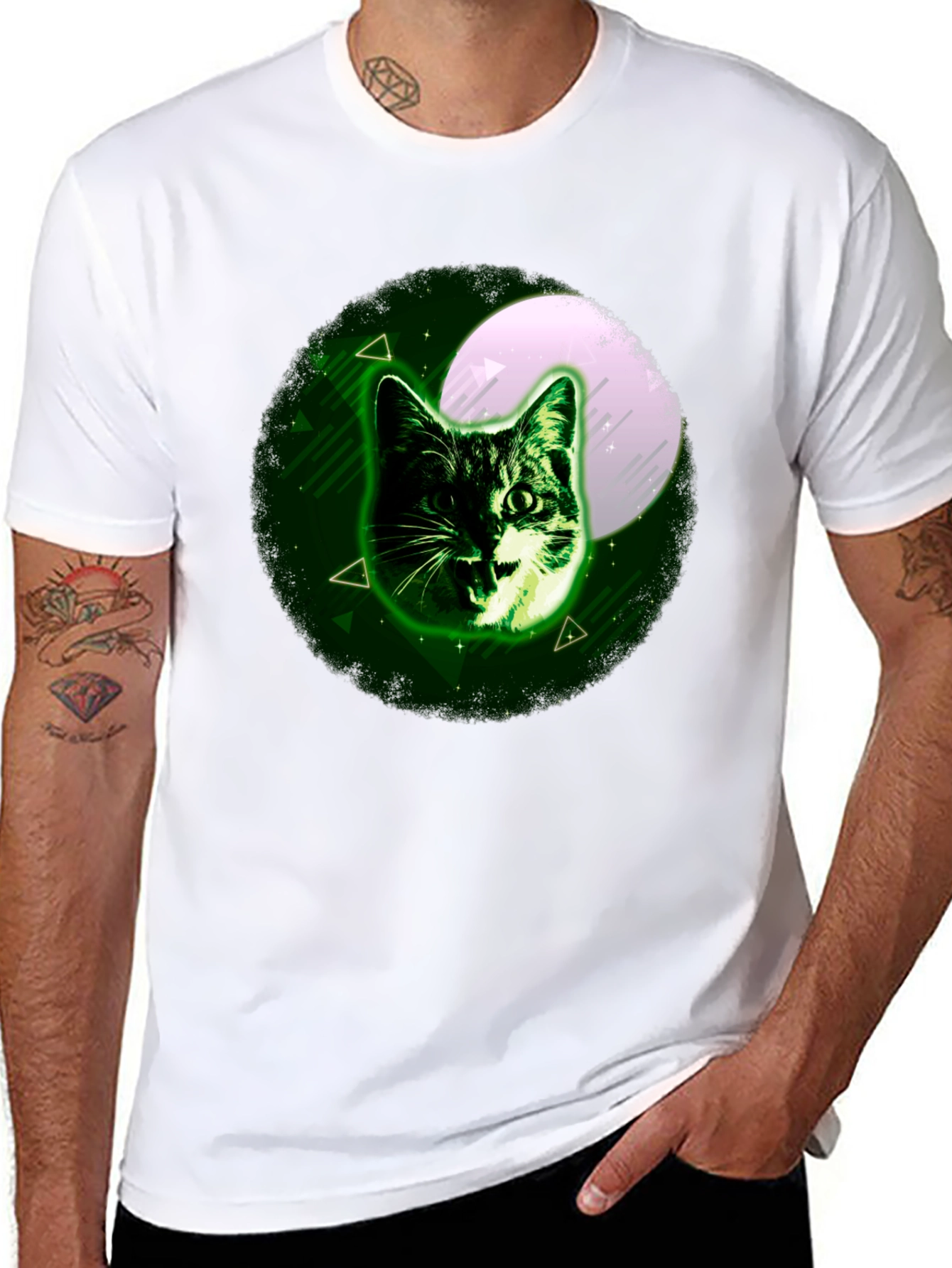 Cat Moon Graphic Tee - Stylish Mens Black T-Shirt