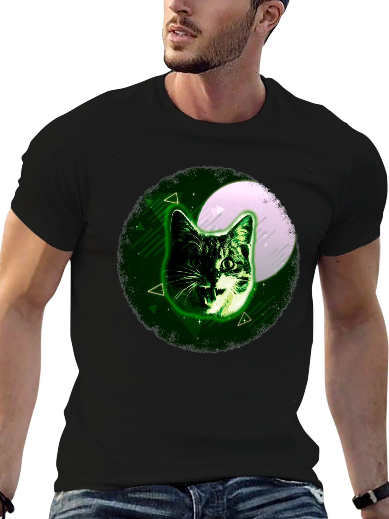 Cat Moon Graphic Tee - Stylish Mens Black T-Shirt