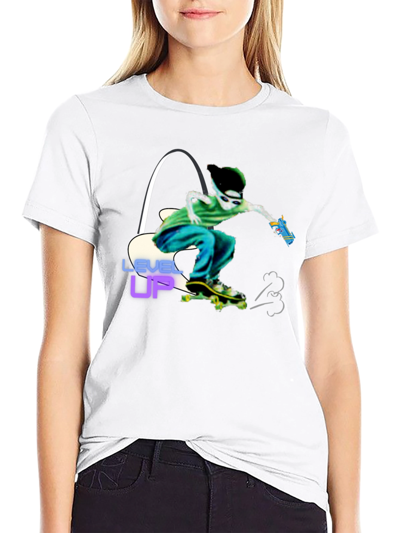 Level Up Graphic T-Shirt Skater Alien Design