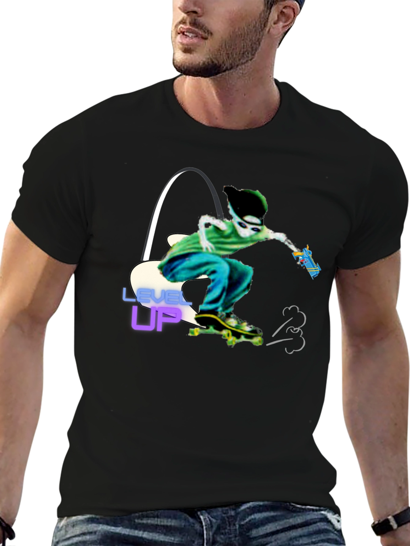 Level Up Graphic T-Shirt Skater Alien Design
