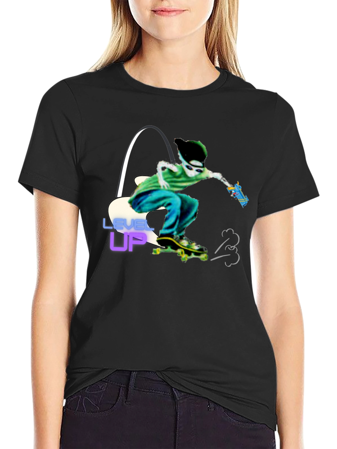Level Up Graphic T-Shirt Skater Alien Design