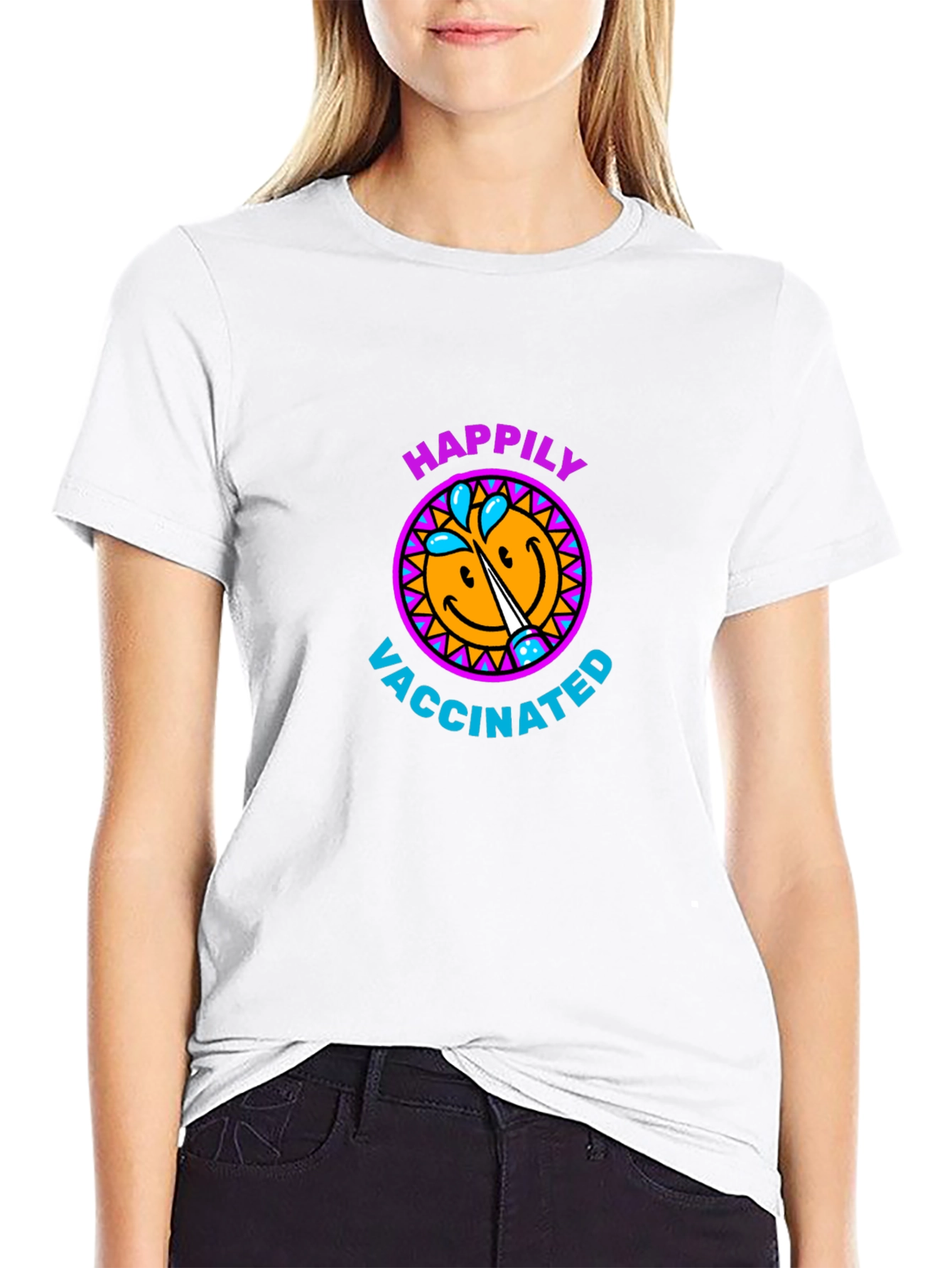 Happily Vaccinated Smiley Face Graphic T-Shirt