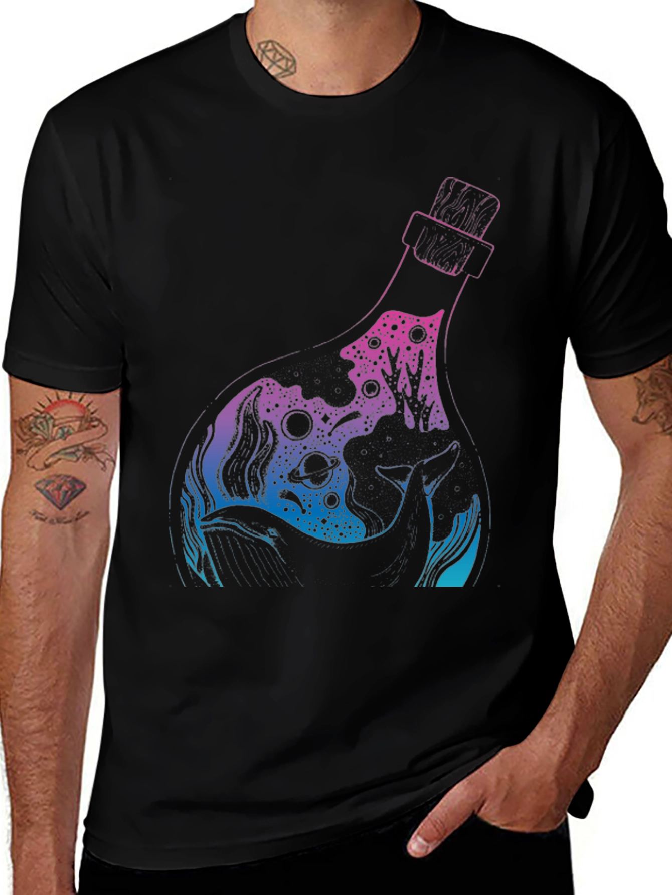 Whale Bottle Graphic Black T-Shirt