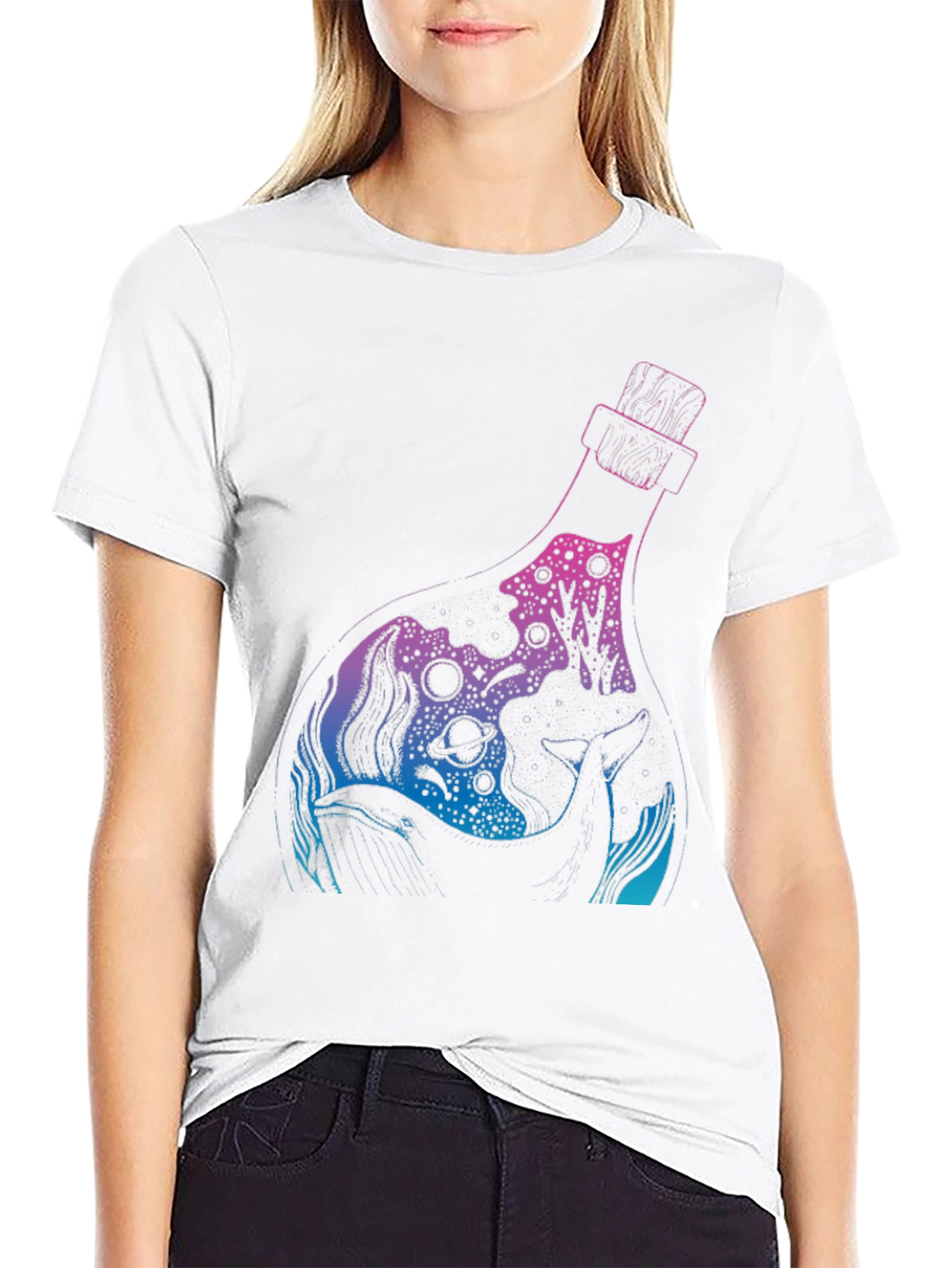 Whale Bottle Graphic Black T-Shirt