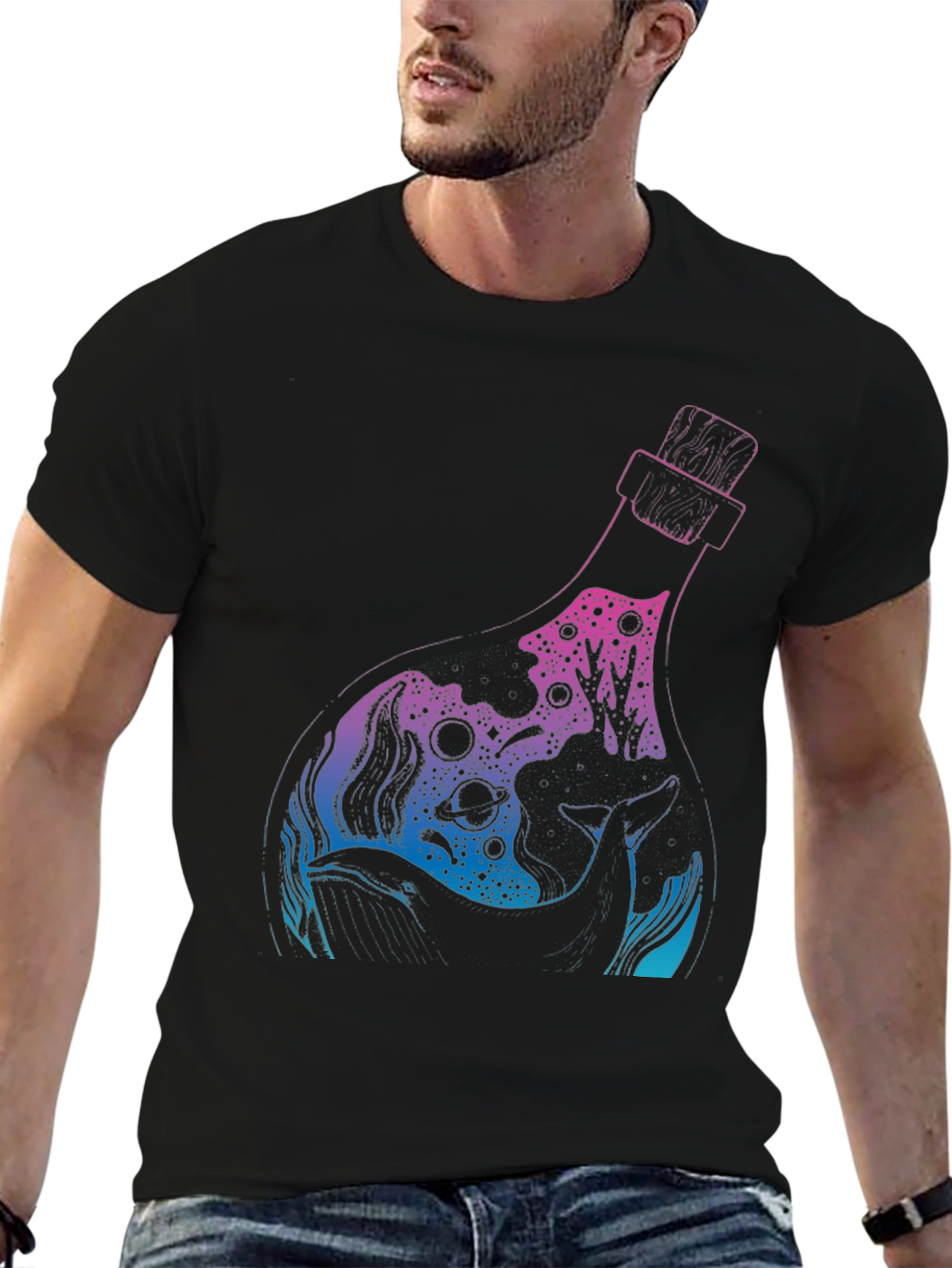 Whale Bottle Graphic Black T-Shirt