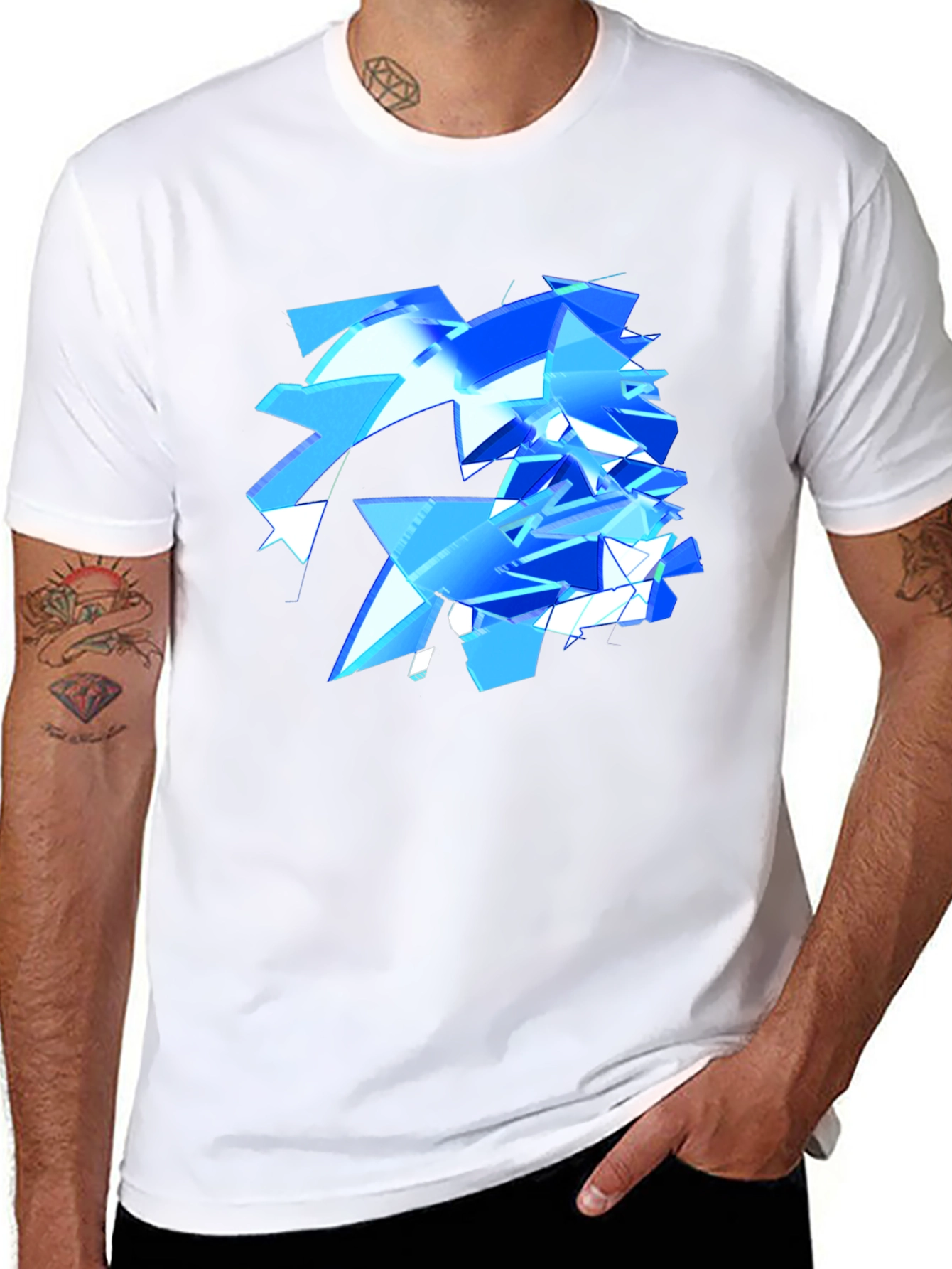 Abstract Geometric Blue Design Black T-Shirt