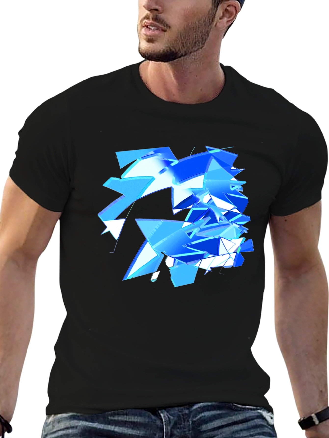 Abstract Geometric Blue Design Black T-Shirt