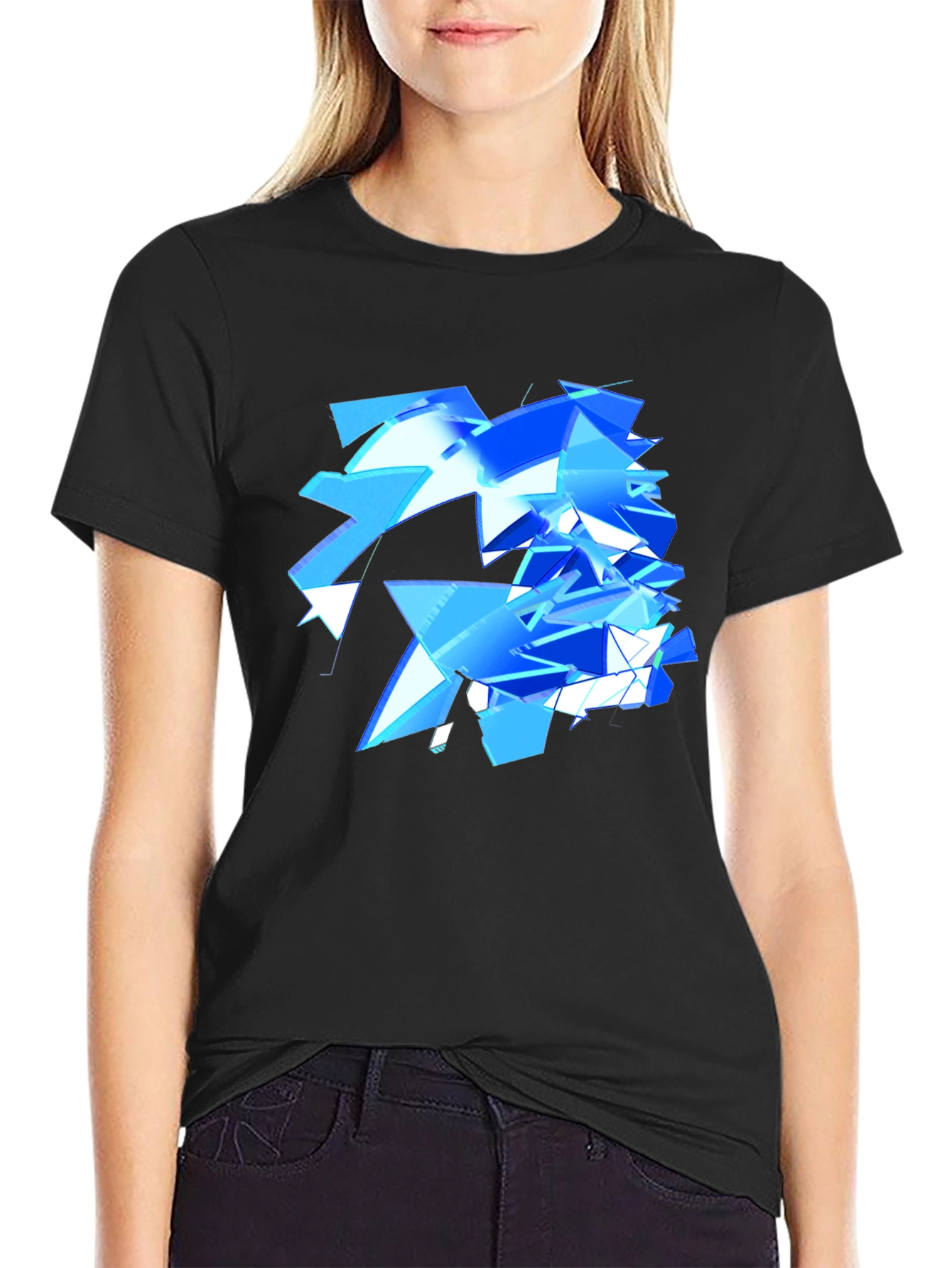 Abstract Geometric Blue Design Black T-Shirt