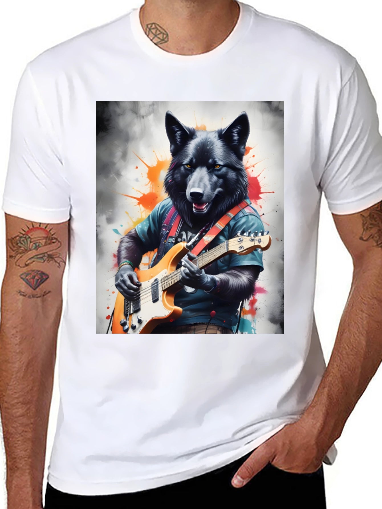 Wolf Guitarist Graphic Tee - Black Unisex T-Shirt