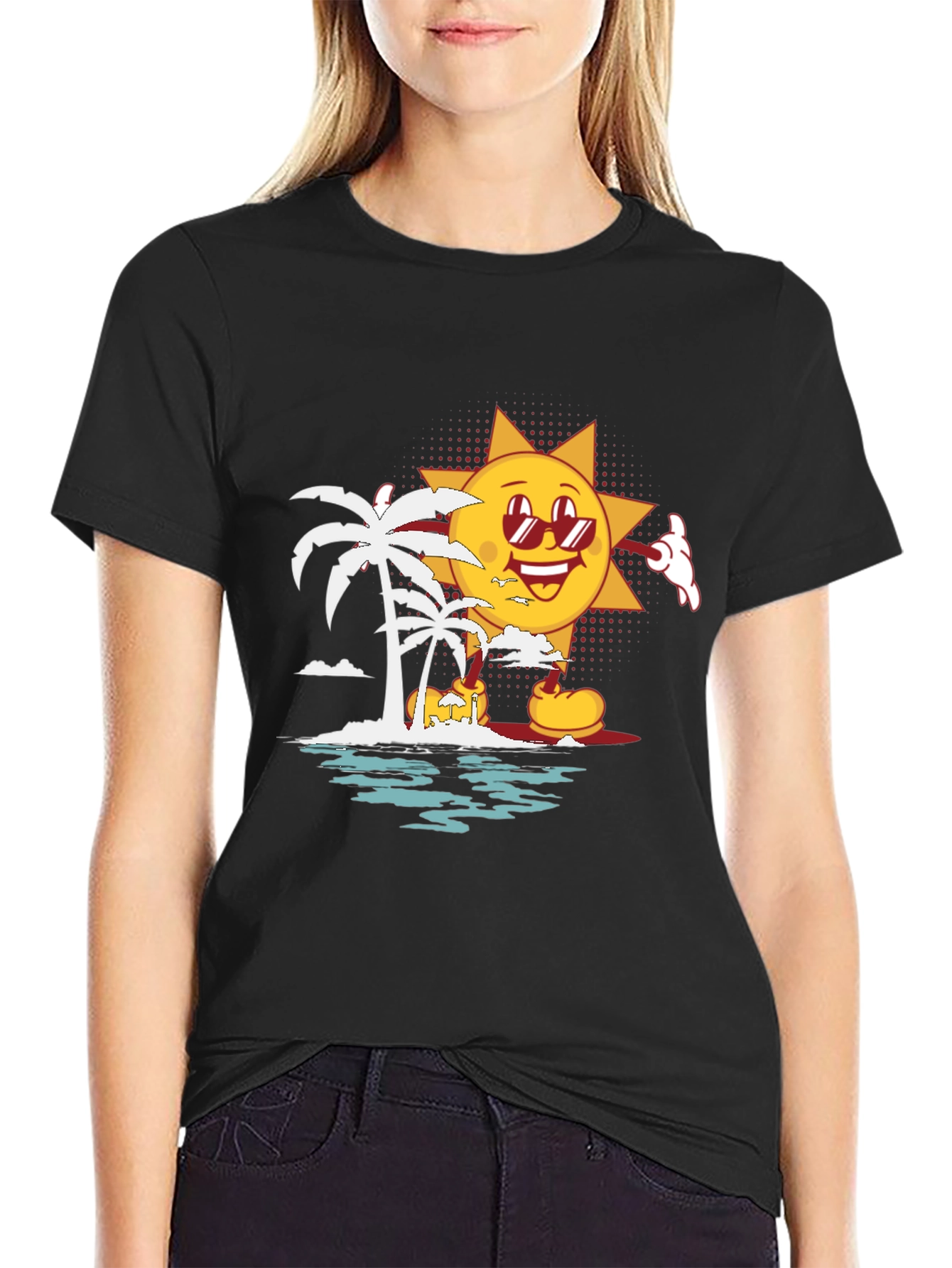 Cartoon Sun Beach Graphic T-Shirt