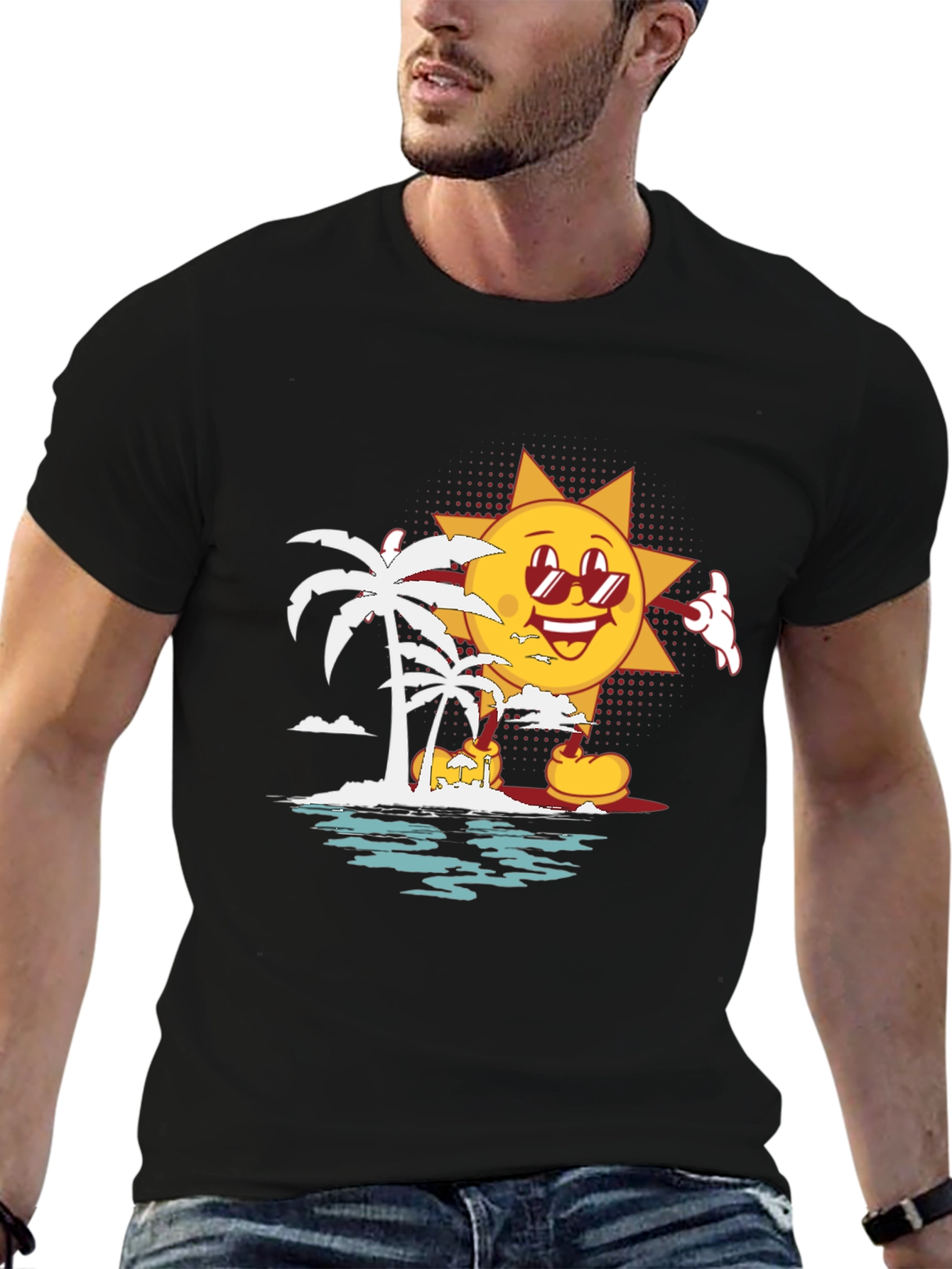 Cartoon Sun Beach Graphic T-Shirt