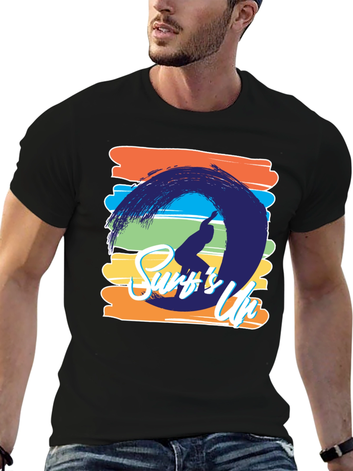 Surfs Up Graphic Tee - Black Cotton T-Shirt