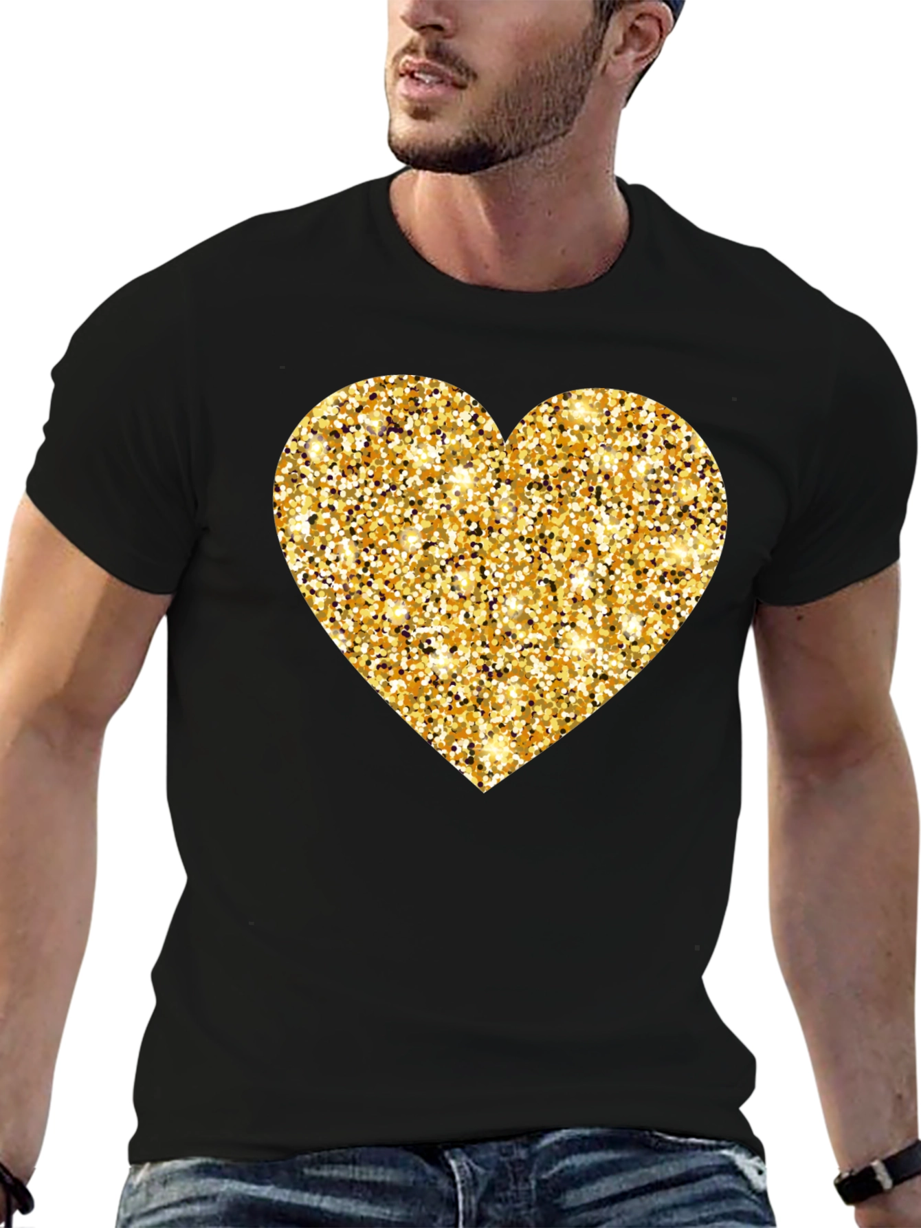 Gold Glitter Heart Black T-Shirt