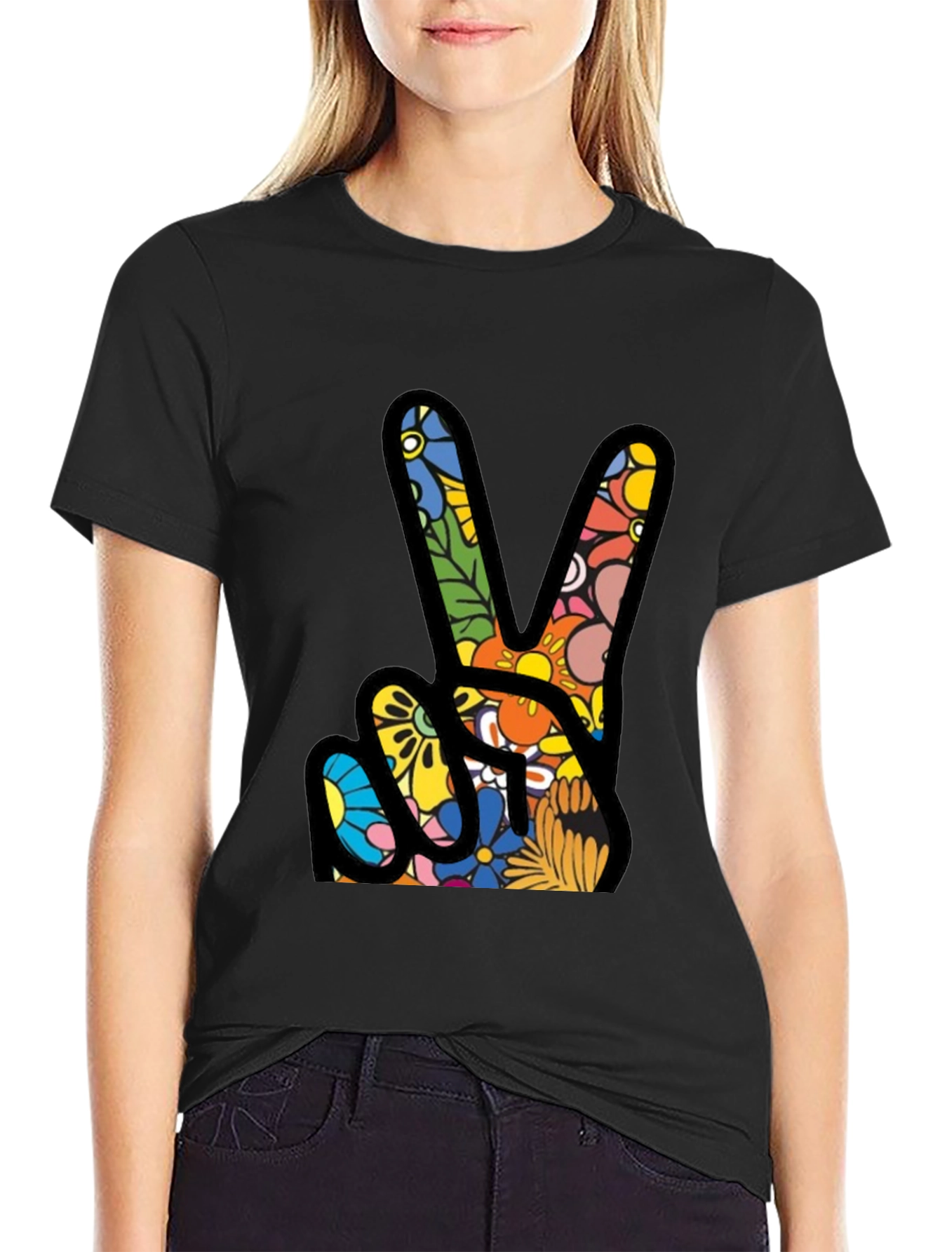 Peace Sign Floral Pattern T-Shirt