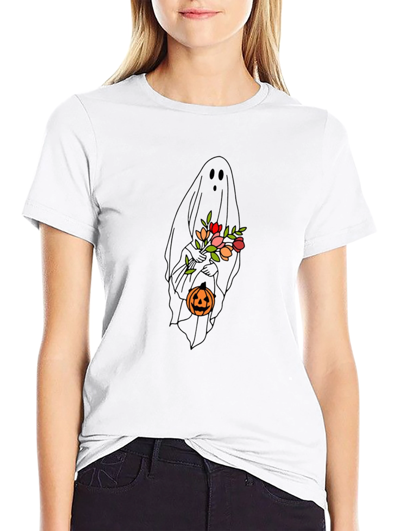 Ghost with Flowers & Pumpkin Black T-Shirt