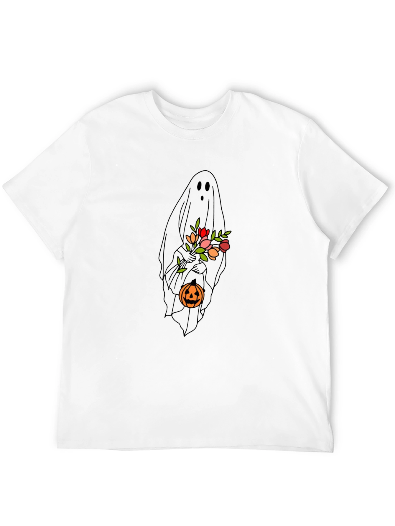 Ghost with Flowers & Pumpkin Black T-Shirt
