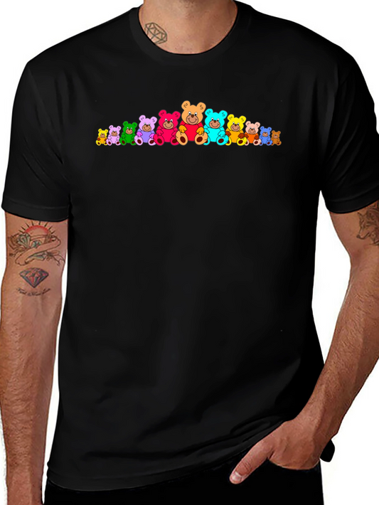 Colorful Teddy Bear Print Black T-Shirt