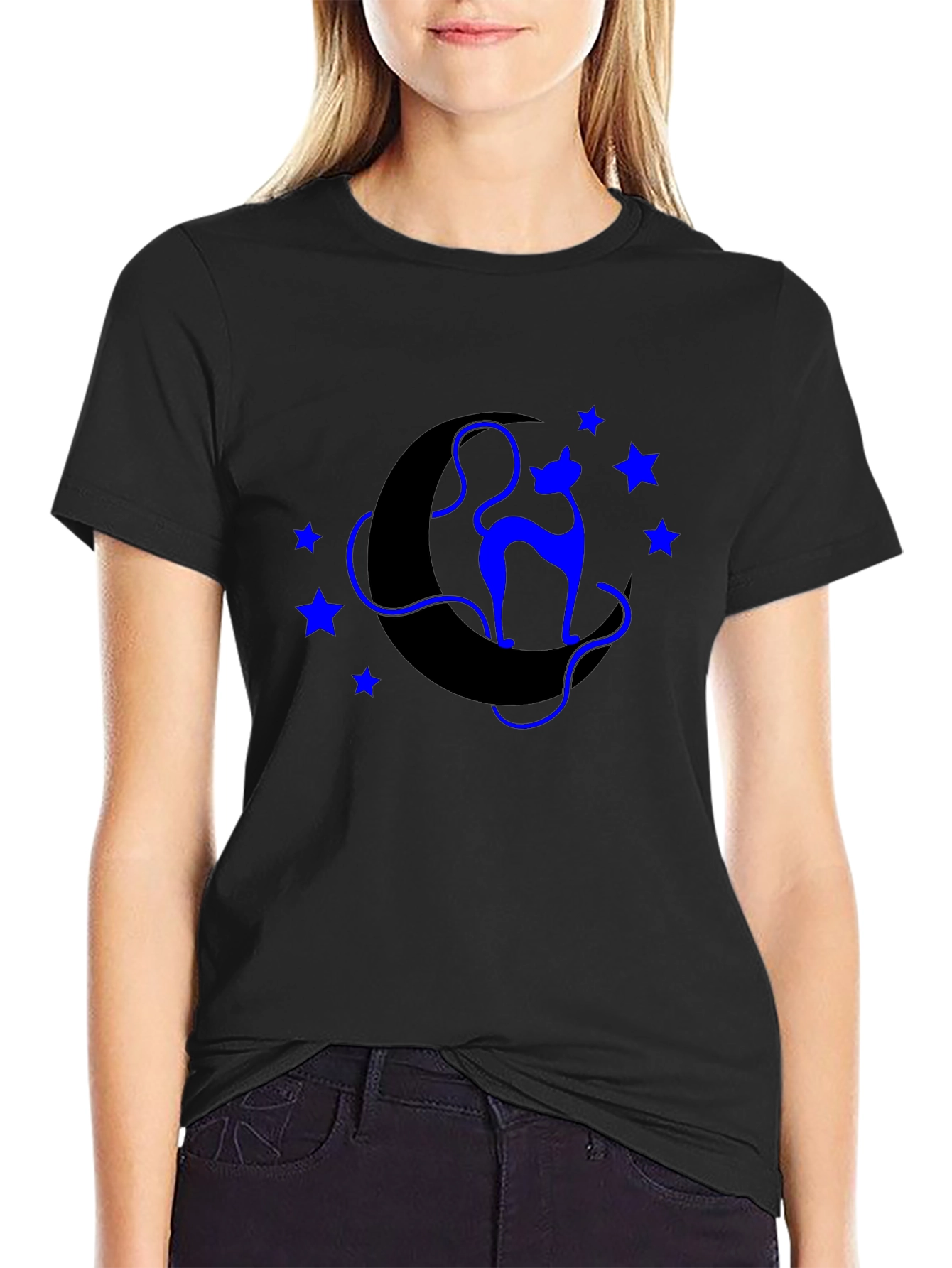 Celestial Cat T-Shirt - Crescent Moon & Star Design