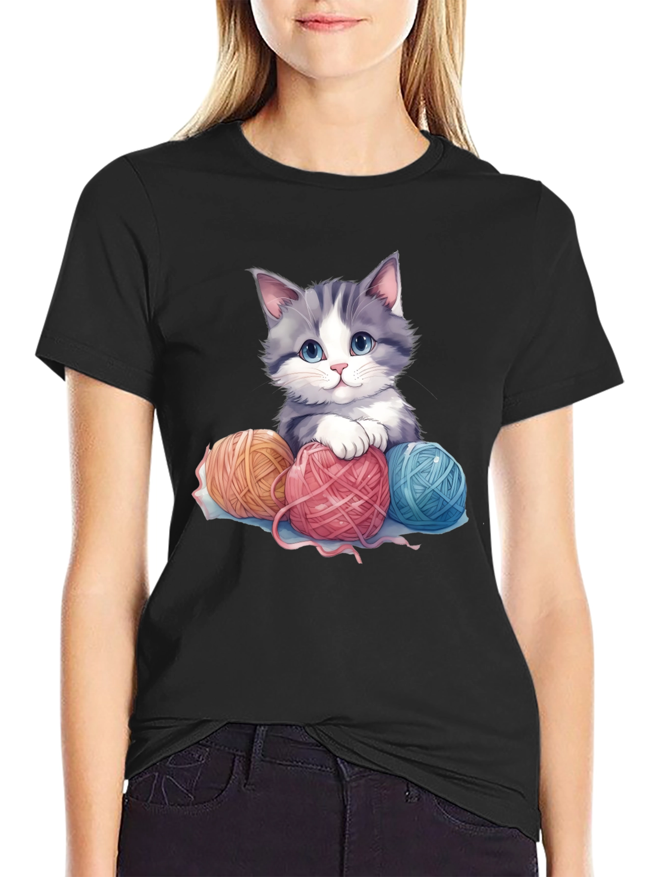 Cute Kitten & Yarn Balls Graphic Tee