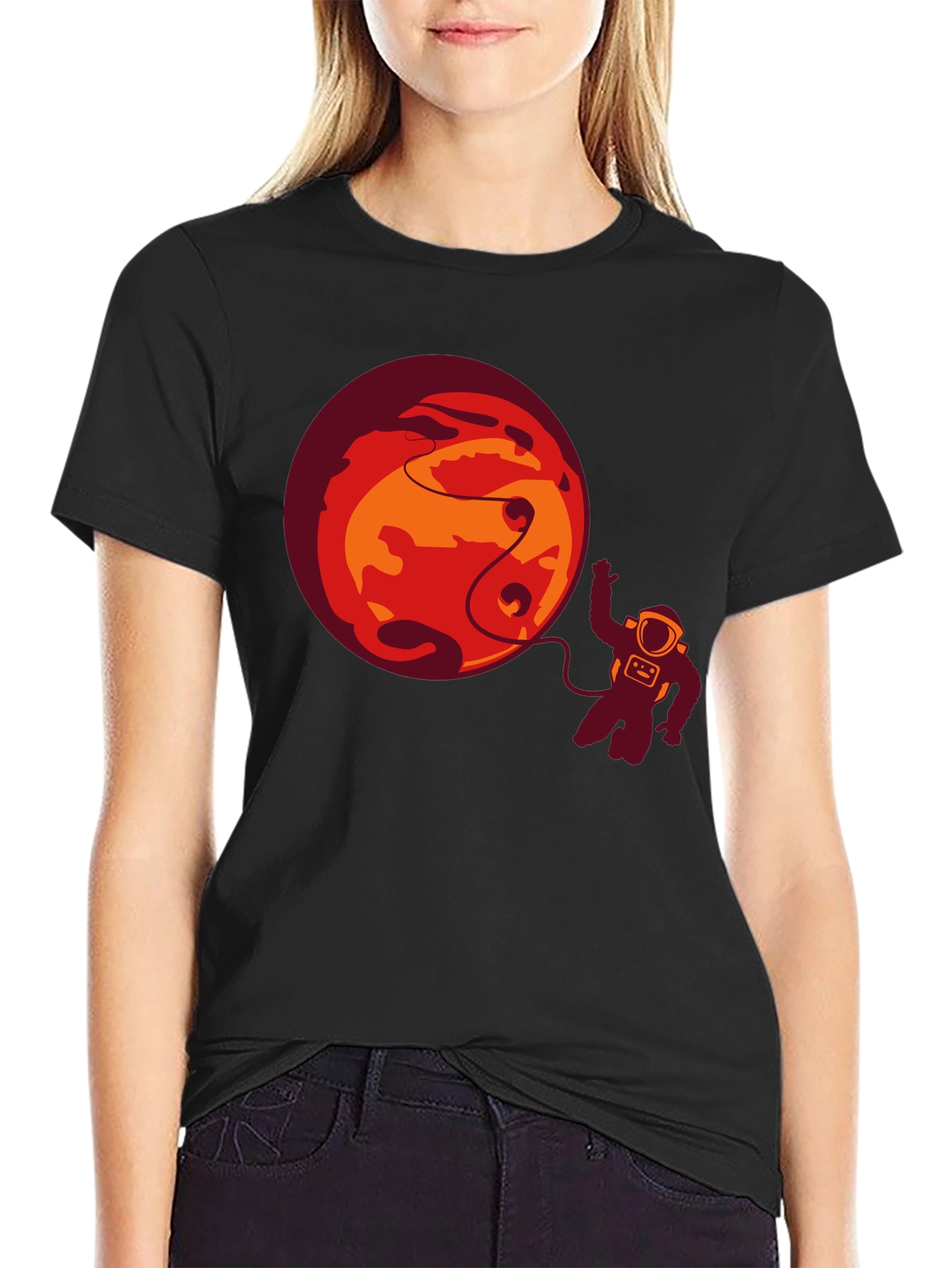 Astronaut & Planet Graphic Tee - Black Casual T-Shirt