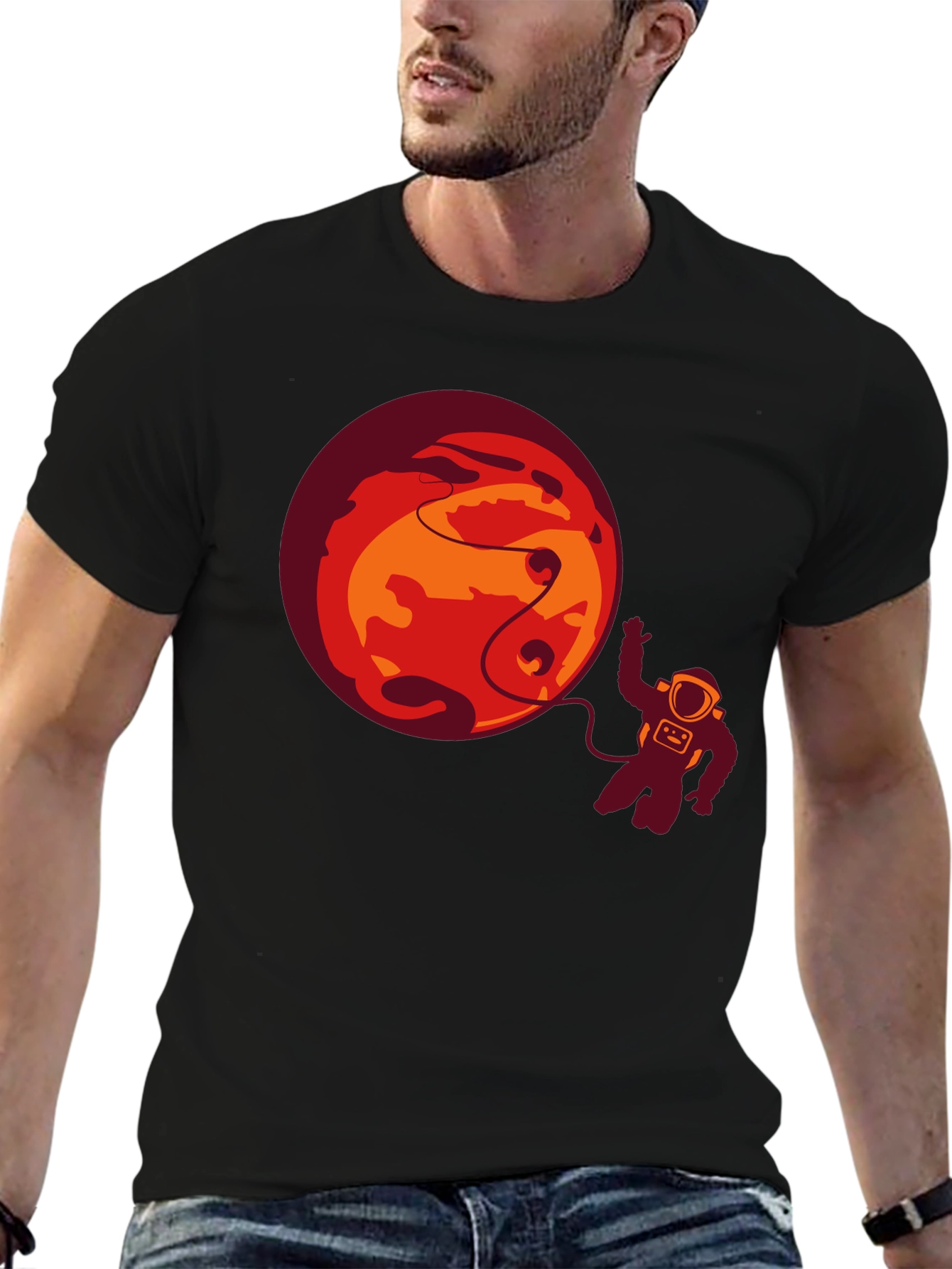 Astronaut & Planet Graphic Tee - Black Casual T-Shirt