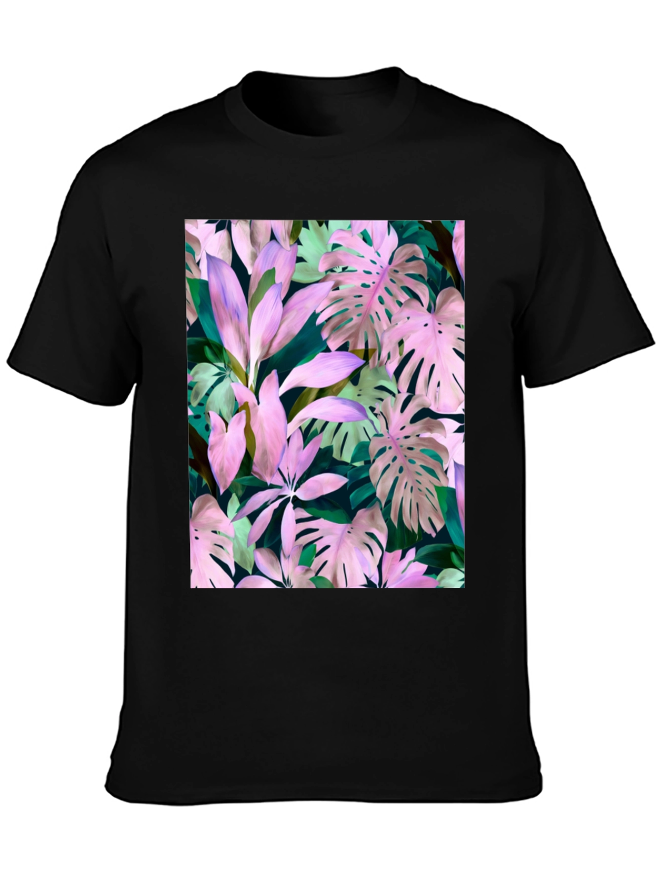 Tropical Leaf Print T-Shirt - Black