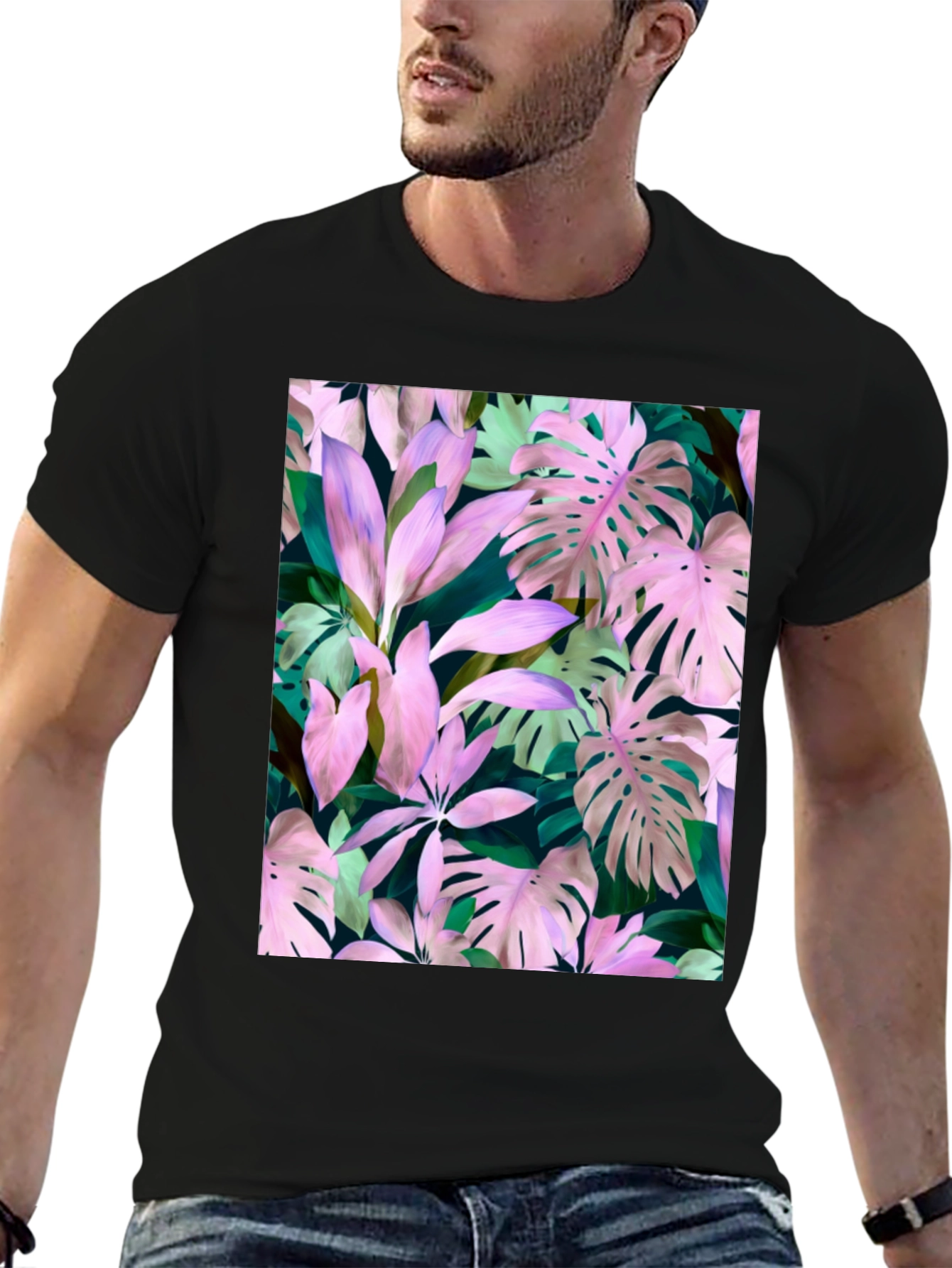Tropical Leaf Print T-Shirt - Black