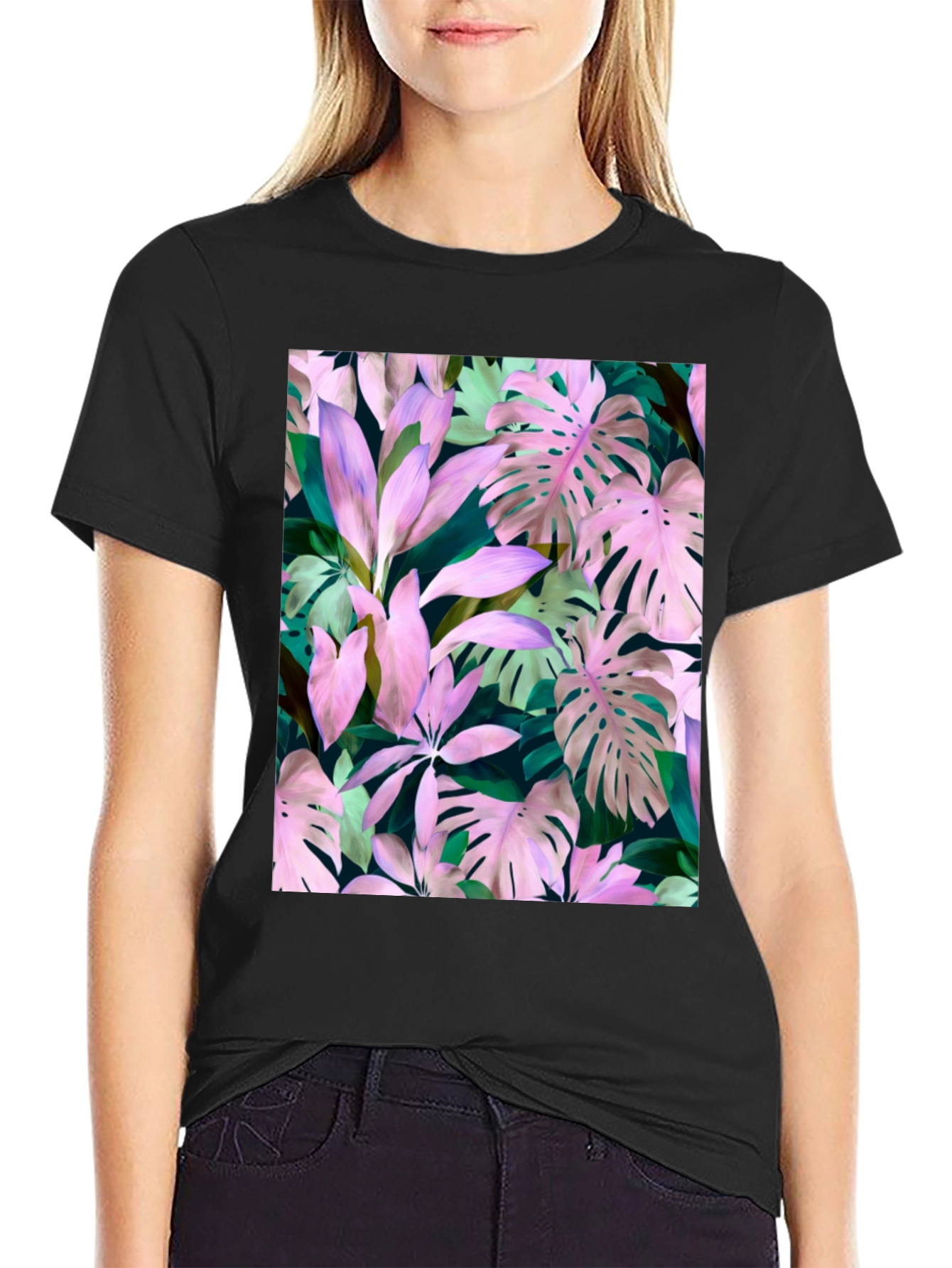 Tropical Leaf Print T-Shirt - Black
