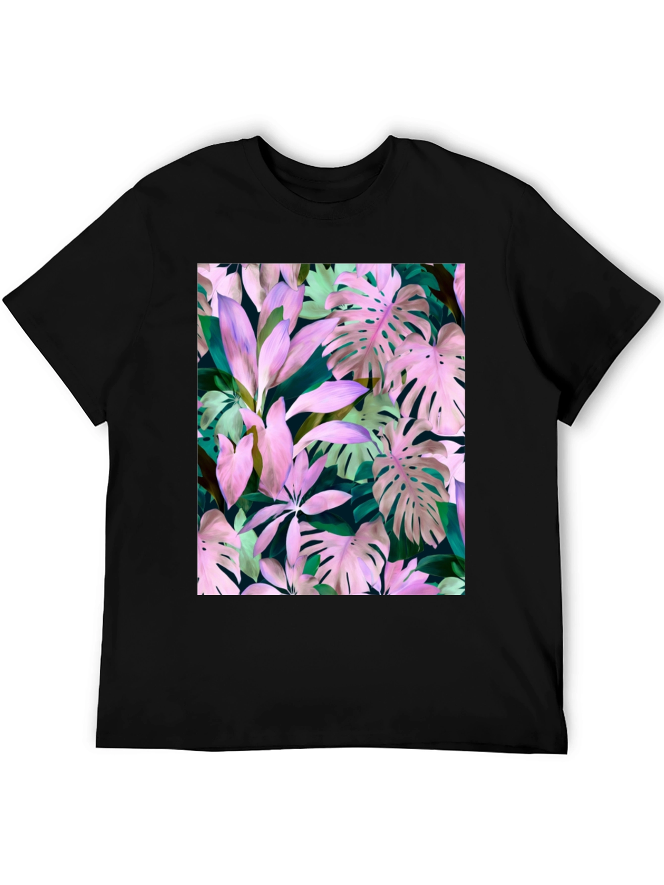 Tropical Leaf Print T-Shirt - Black