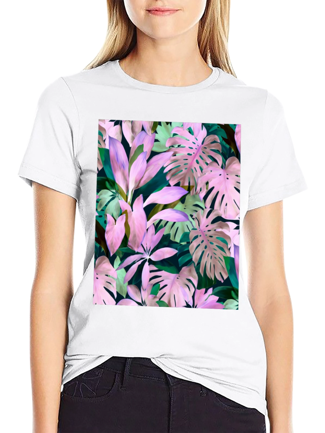 Tropical Leaf Print T-Shirt - Black