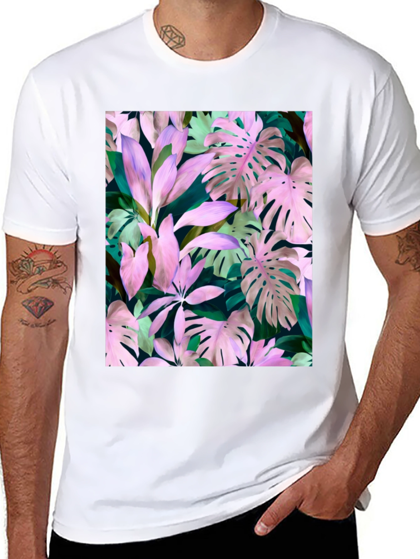 Tropical Leaf Print T-Shirt - Black