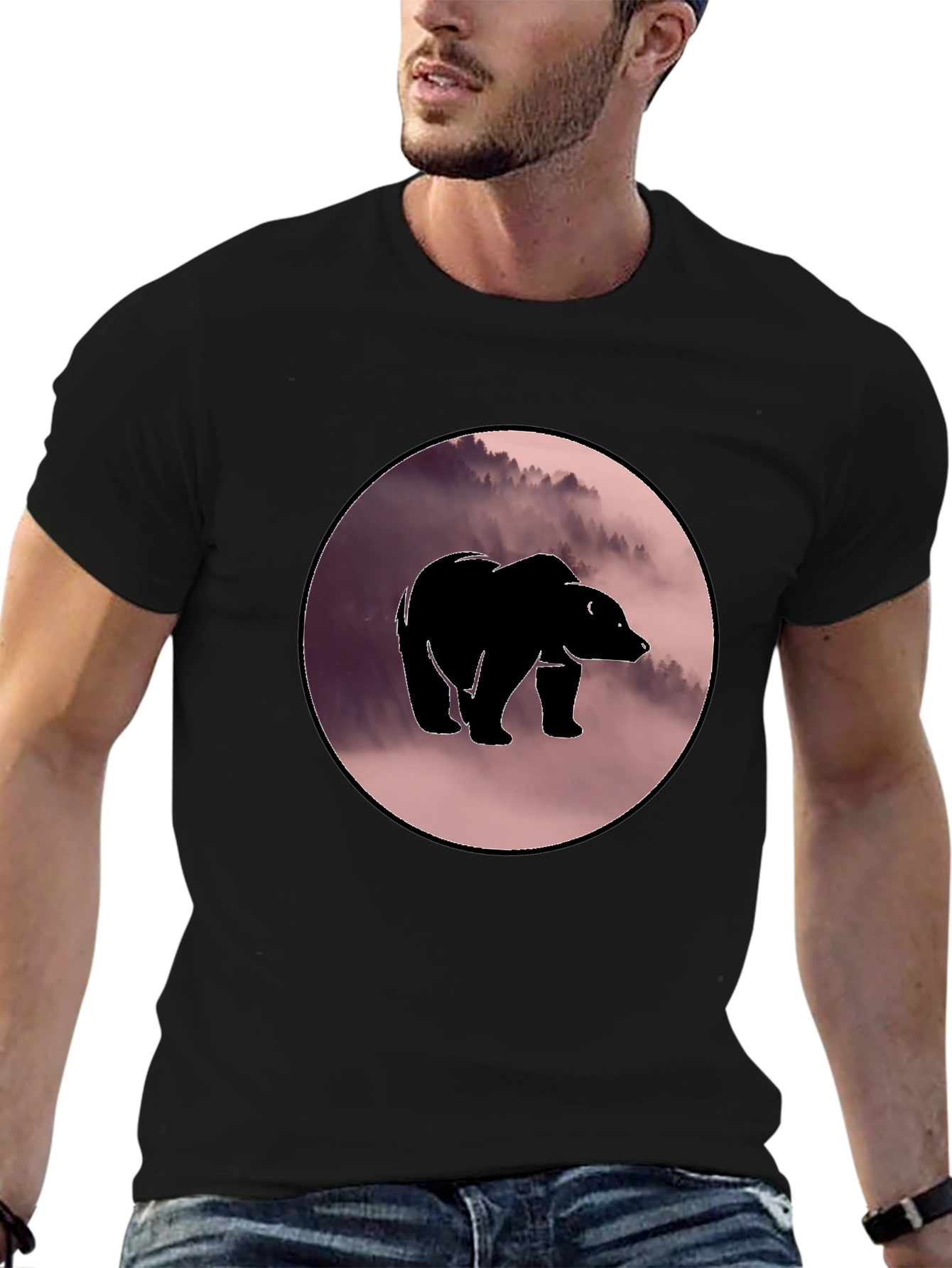 Bear Silhouette Graphic Print Crew Neck T-Shirt