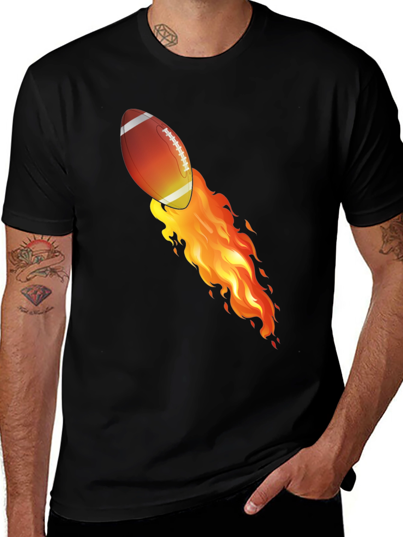 Flaming Football Graphic T-Shirt - Black