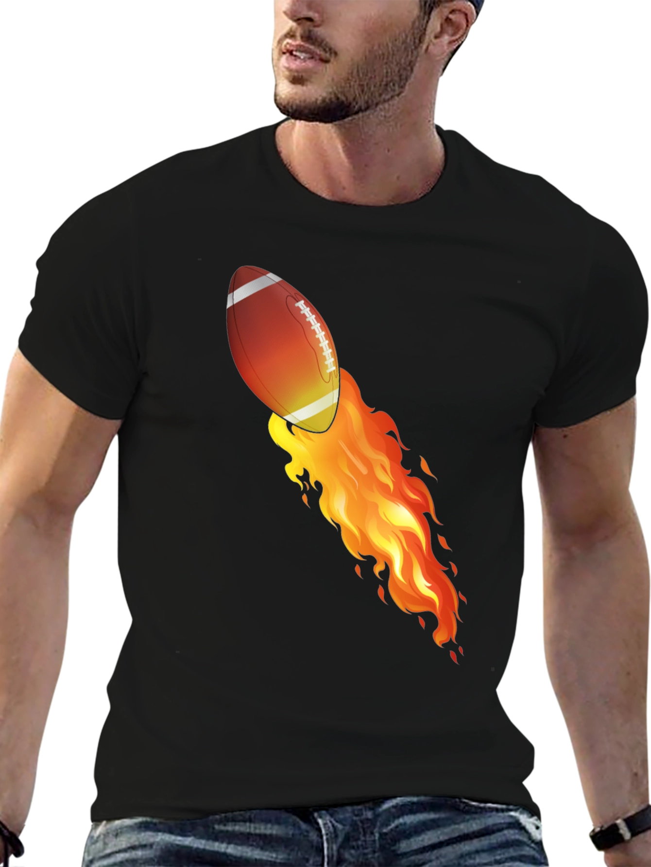 Flaming Football Graphic T-Shirt - Black