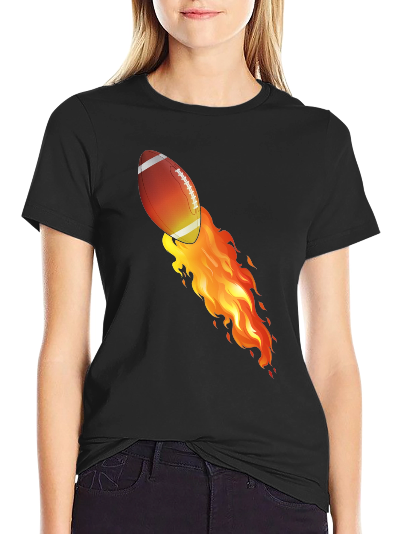 Flaming Football Graphic T-Shirt - Black