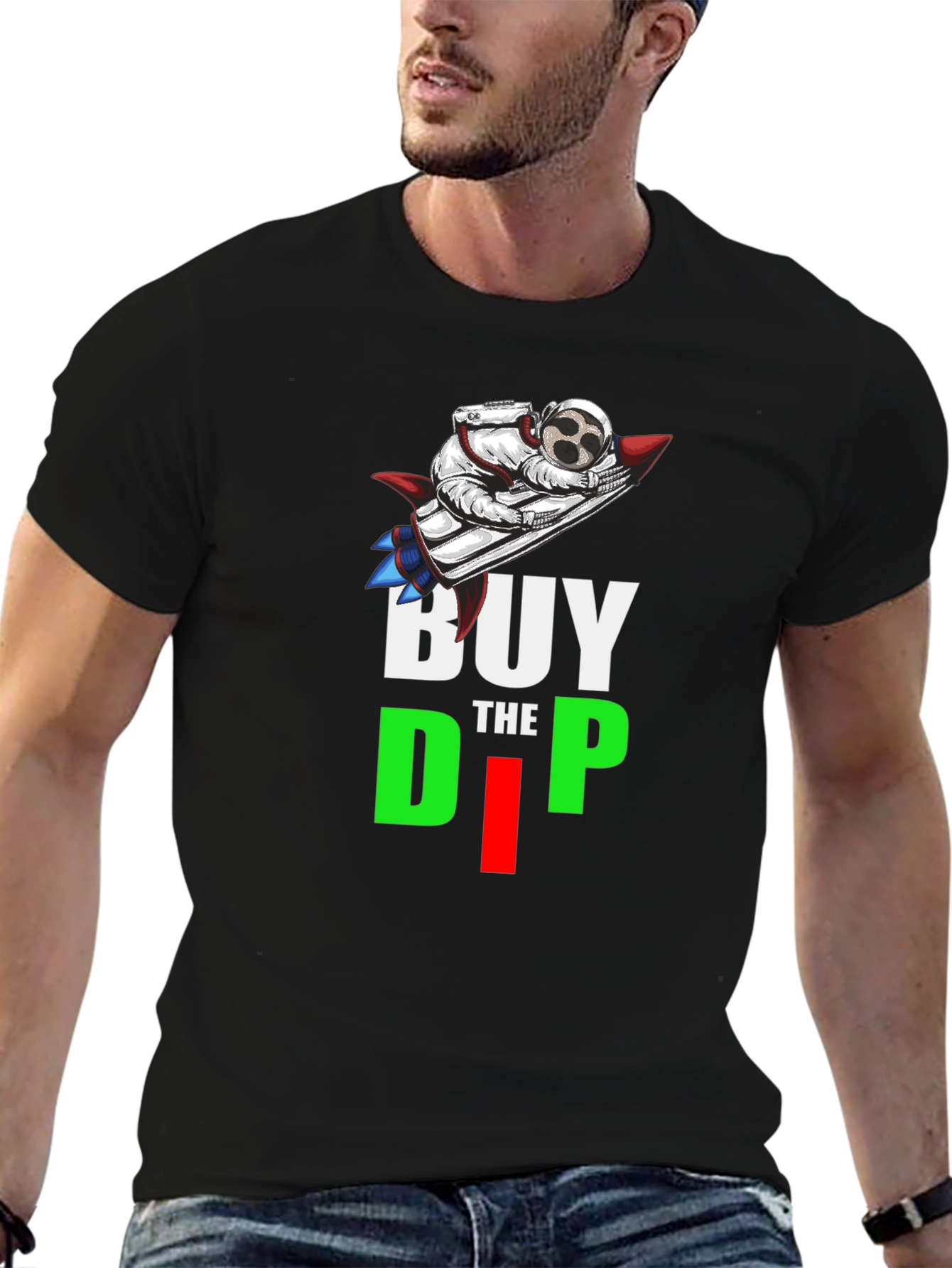 Buy the Dip T-Shirt Astronaut Rocket Crypto Black Tee