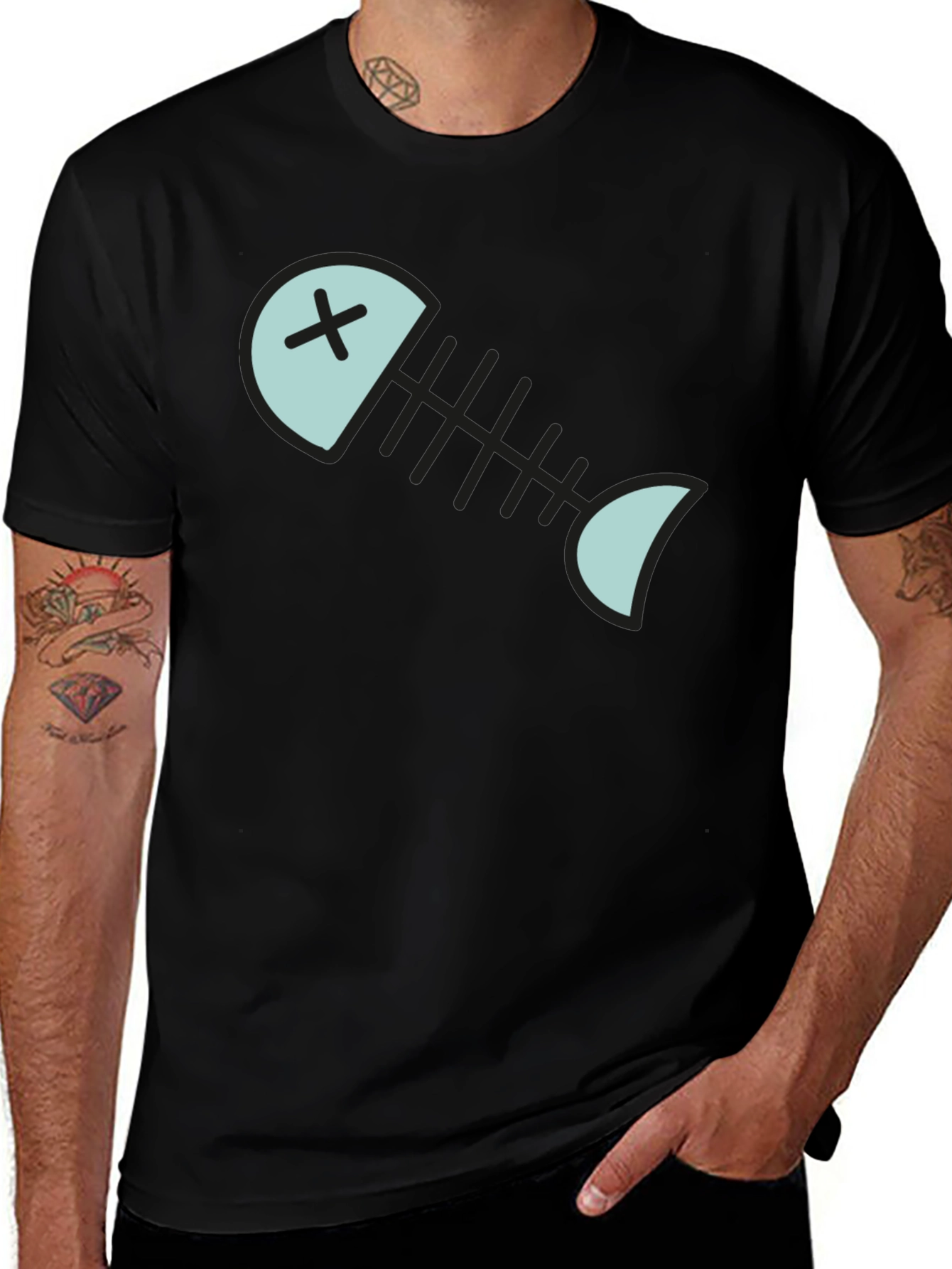 Cartoon Fish Skeleton Graphic Tee - Black