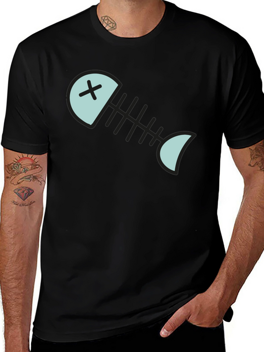 Cartoon Fish Skeleton Graphic Tee - Black