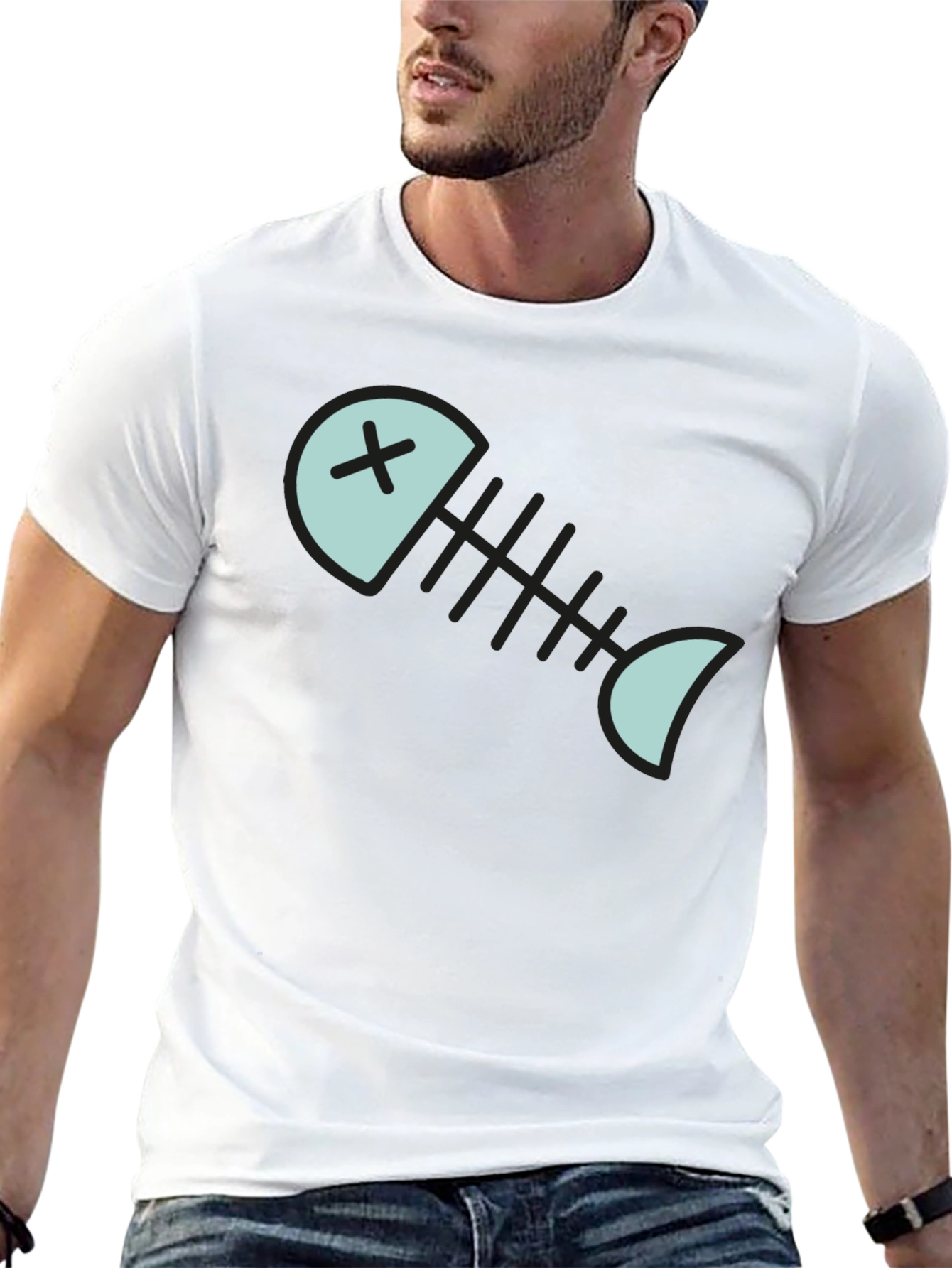 Cartoon Fish Skeleton Graphic Tee - Black