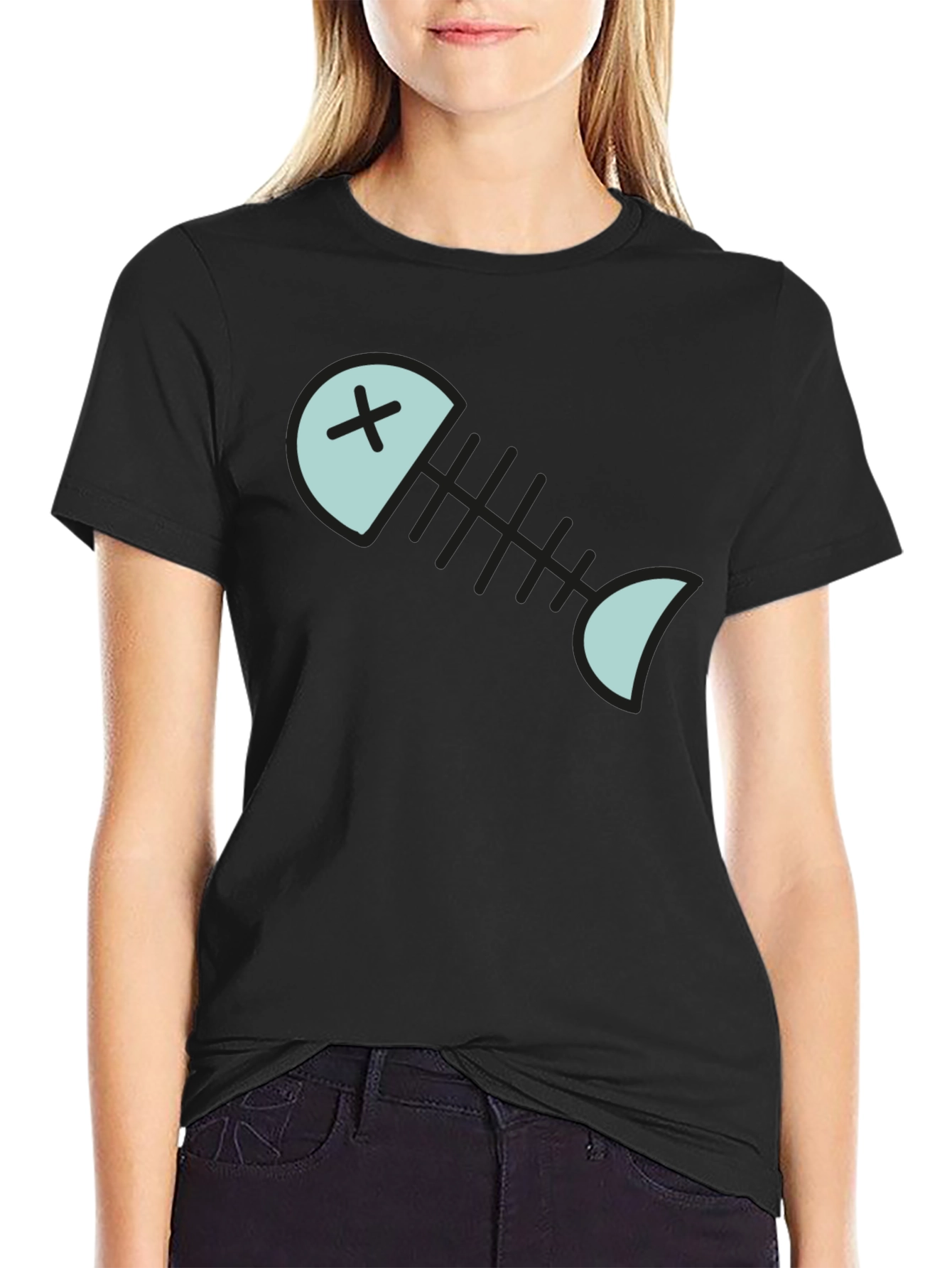 Cartoon Fish Skeleton Graphic Tee - Black