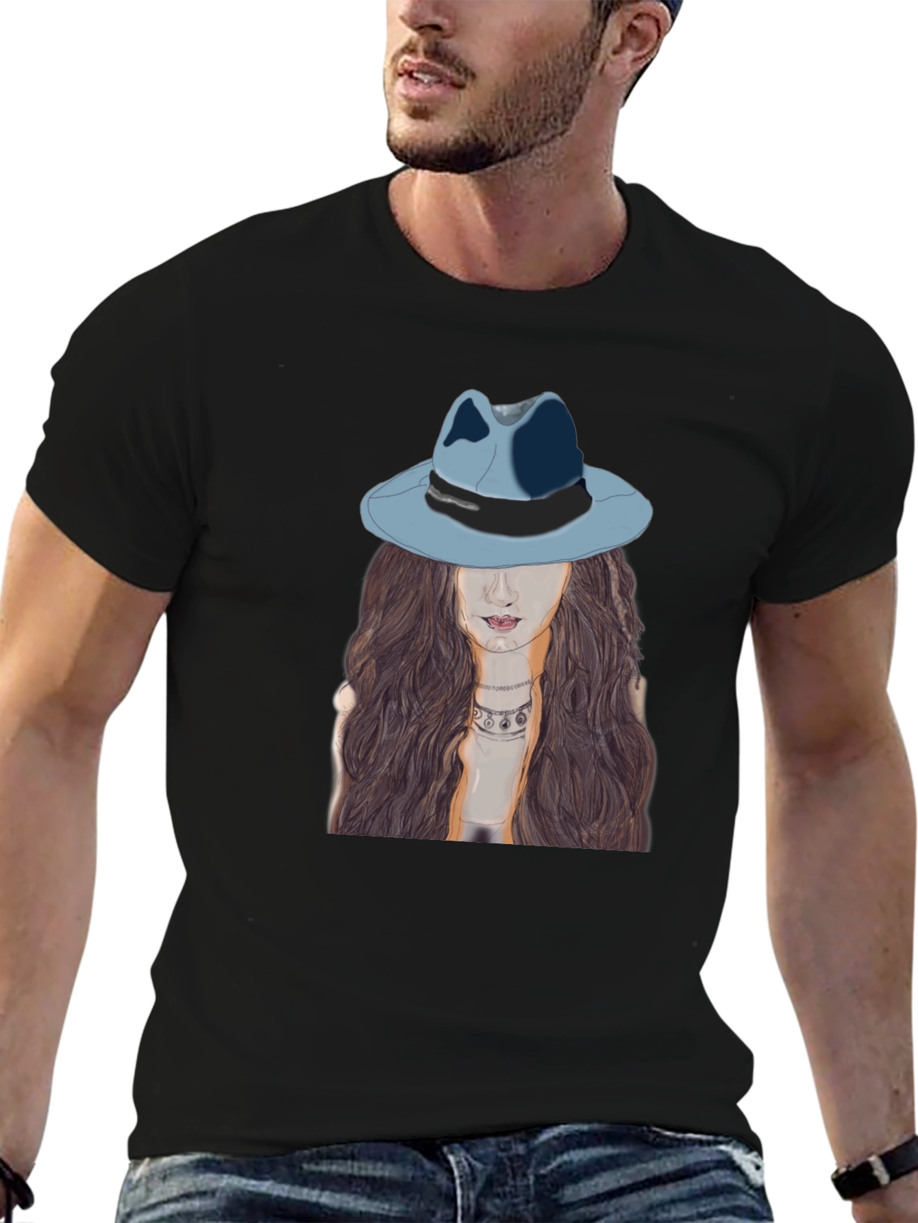 Stylish Black T-Shirt with Artistic Woman Print