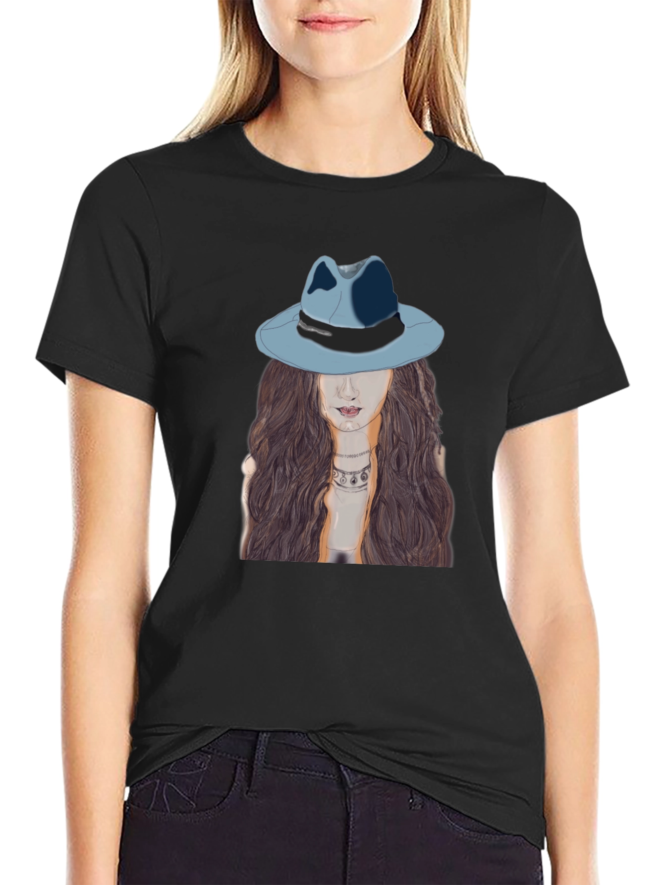 Stylish Black T-Shirt with Artistic Woman Print