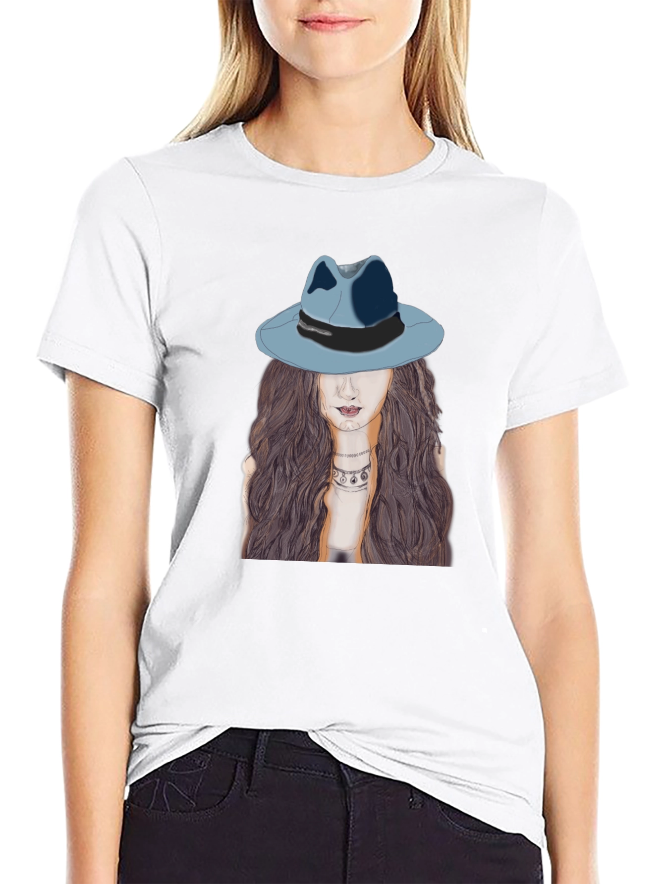 Stylish Black T-Shirt with Artistic Woman Print